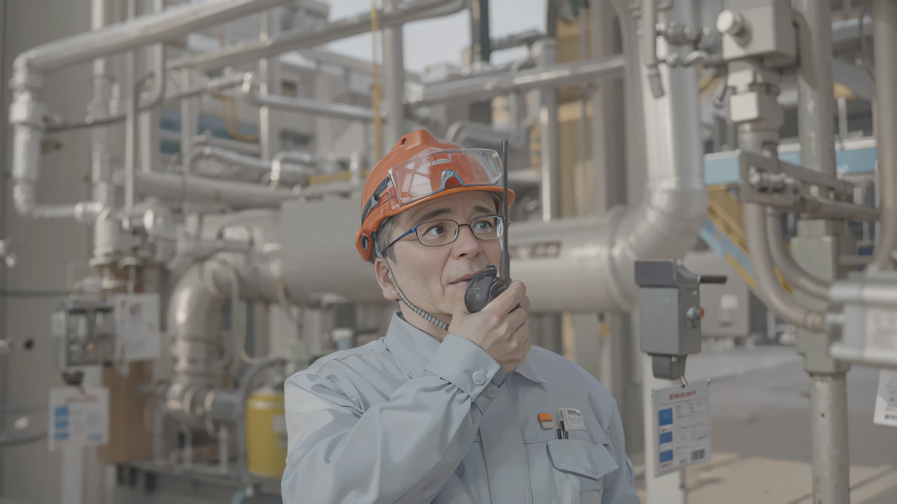 Man dressed as refinery worker,Use a walkie-talkie,elderly,experienced,Handheld walkie-talkie communication