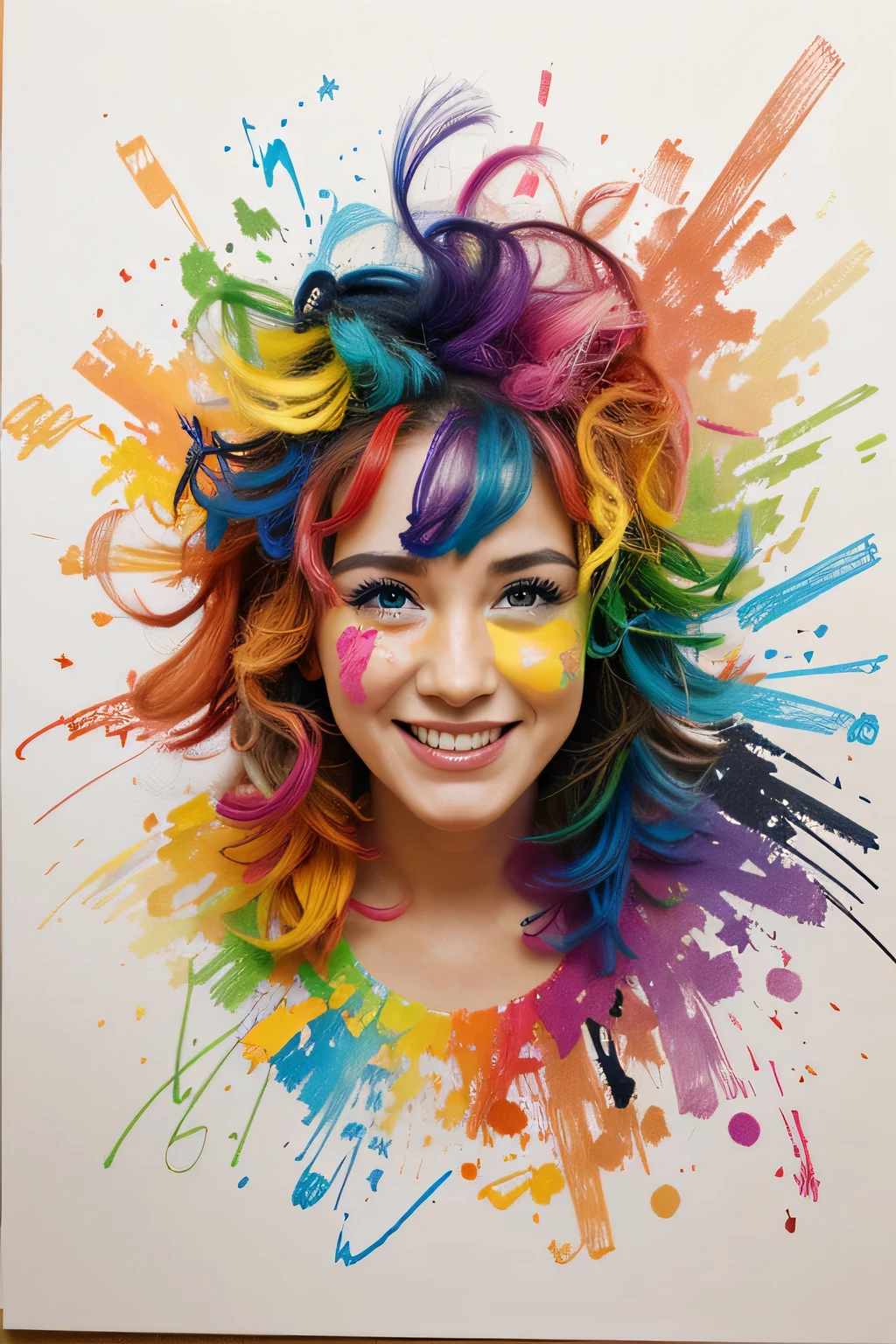 Chaotic scribbles of a colorful crayon drawing of a happy woman, done by a 3-year-old on white construction paper.