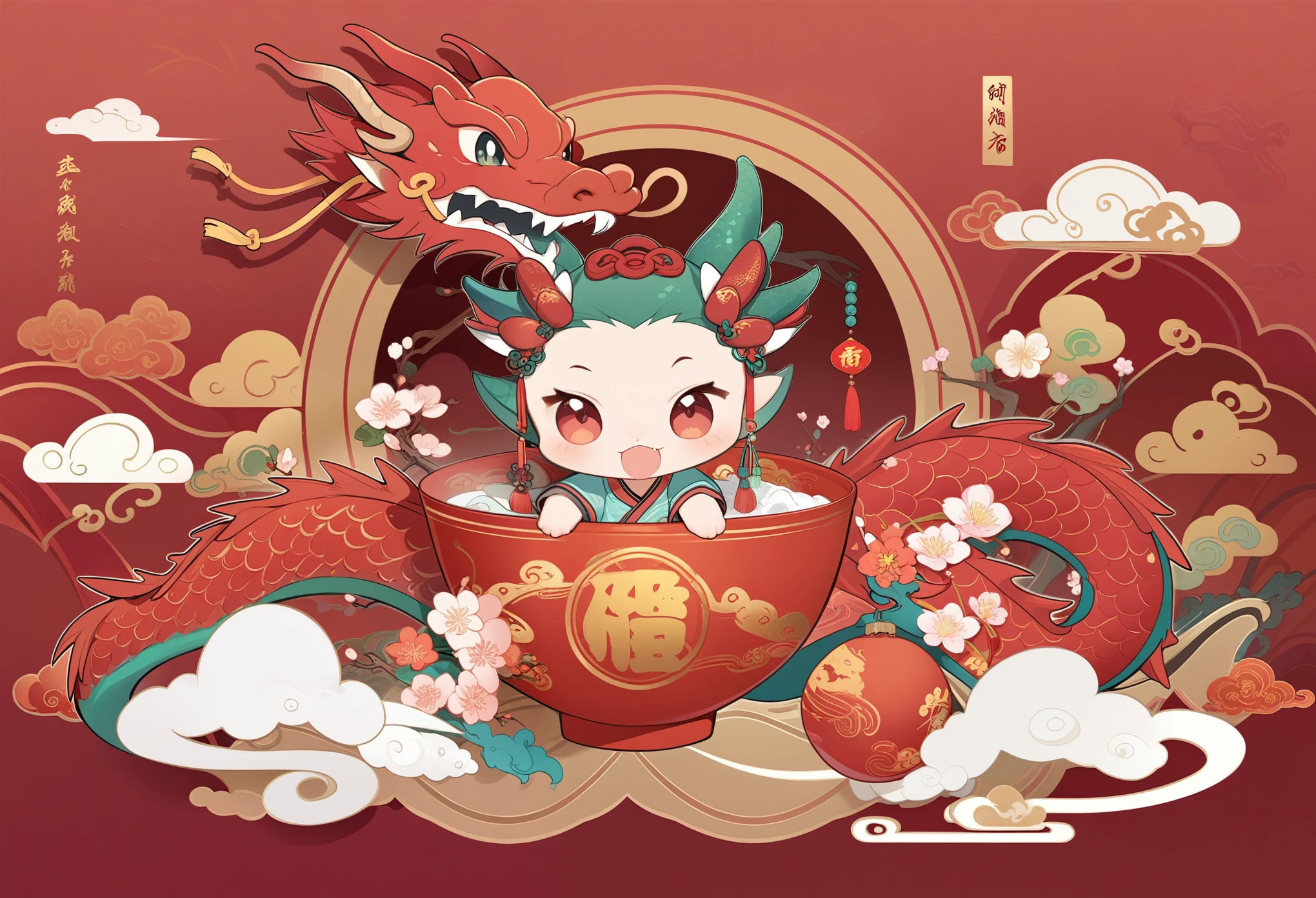 Auspicious Year of the Dragon,China red,cute dragon