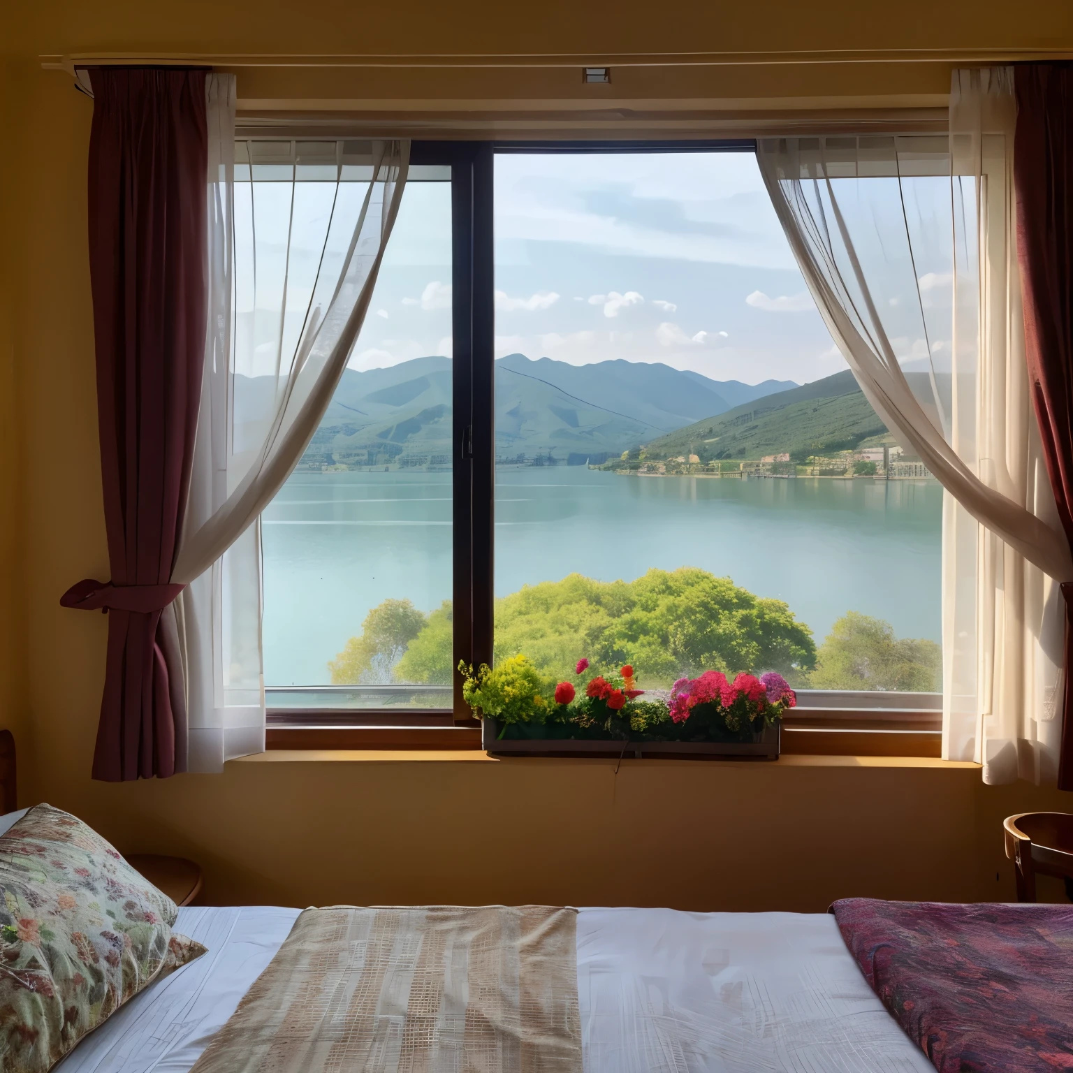 photograph,Accommodation with a view of the lake,window sill,decorated with flowers