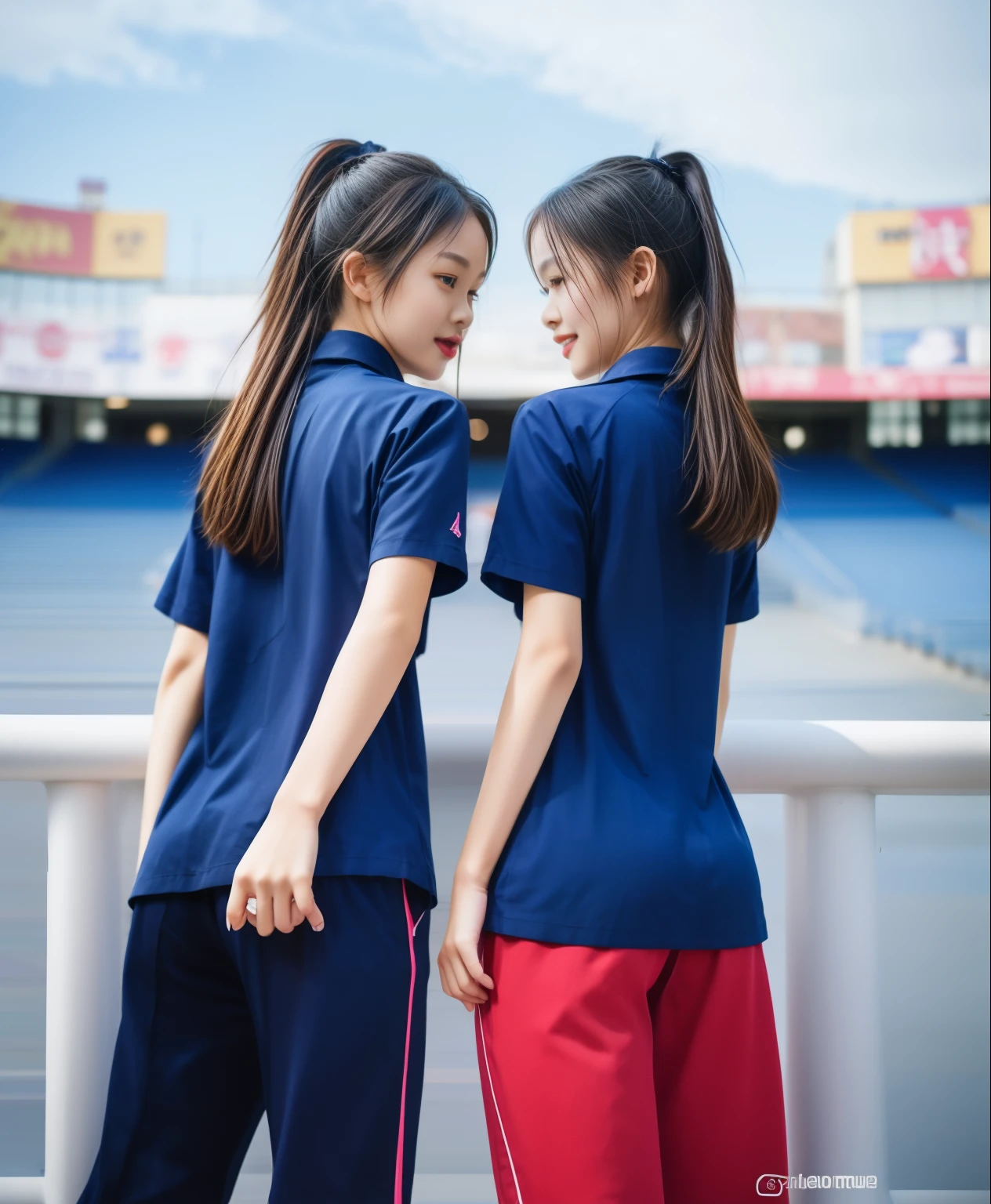(best quality,10,10,height,Masterpiece:1.2),Special details,(realistic,ภาพrealistic,Realistic photos:1.37),1 cute girl on the football field,shiny, ผิวshiny,only,smile softly,BDclothelue shirt:1.3)),short sleeve,shirt, กางเกงขาlong.,(navy_long_track pants:1.1), ((stadium background:1.3)),Dynamic angle,excited,Face focus,dynamic poses,from behind,focus on ass,Masterpiece, best quality, ultra realistic, hyper-detail, 8K resolution, raw photos, Sharp focus, ((Navy blue shirt:1.1)), short sleeve, เส้นทางlong, perfect body, 2 mature women, 18 years old, Cinema-grade lighting system,blue sweatpants,shirtผ้าออกกำลังกาย,correct anatomy,perfect body, correct body, Sharp face, correct bodyทางกายวิภาค, full body, realistic gestures, long-haired, realistic poses,Wear long shorts................................,ช่วงขาlong,Good shape,carved girl, Slender figure, model, Good shape, beautiful body,blue sweatpants, two girls kissing