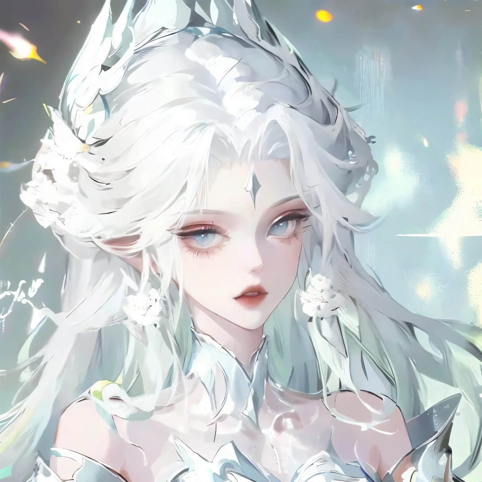 anime girl with long white hair and a blue dress in the snow, white haired deity, white hair floating in air, anime fantasy illustration, flowing white hair, beautiful young wind spirit, beautiful fantasy anime, glowing flowing hair, ethereal anime, beautiful anime artwork, beautiful digital artwork, anime fantasy artwork, ((a beautiful fantasy empress)), 2. 5 d cgi anime fantasy artwork