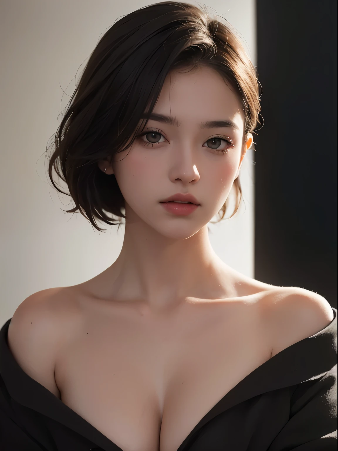 Best quality, masterpiece, ultra high res, (photorealistic:1.5), raw photo, 1girl, offshoulder, in the dark, deep shadow, low key, cold light, sexy look, short hair