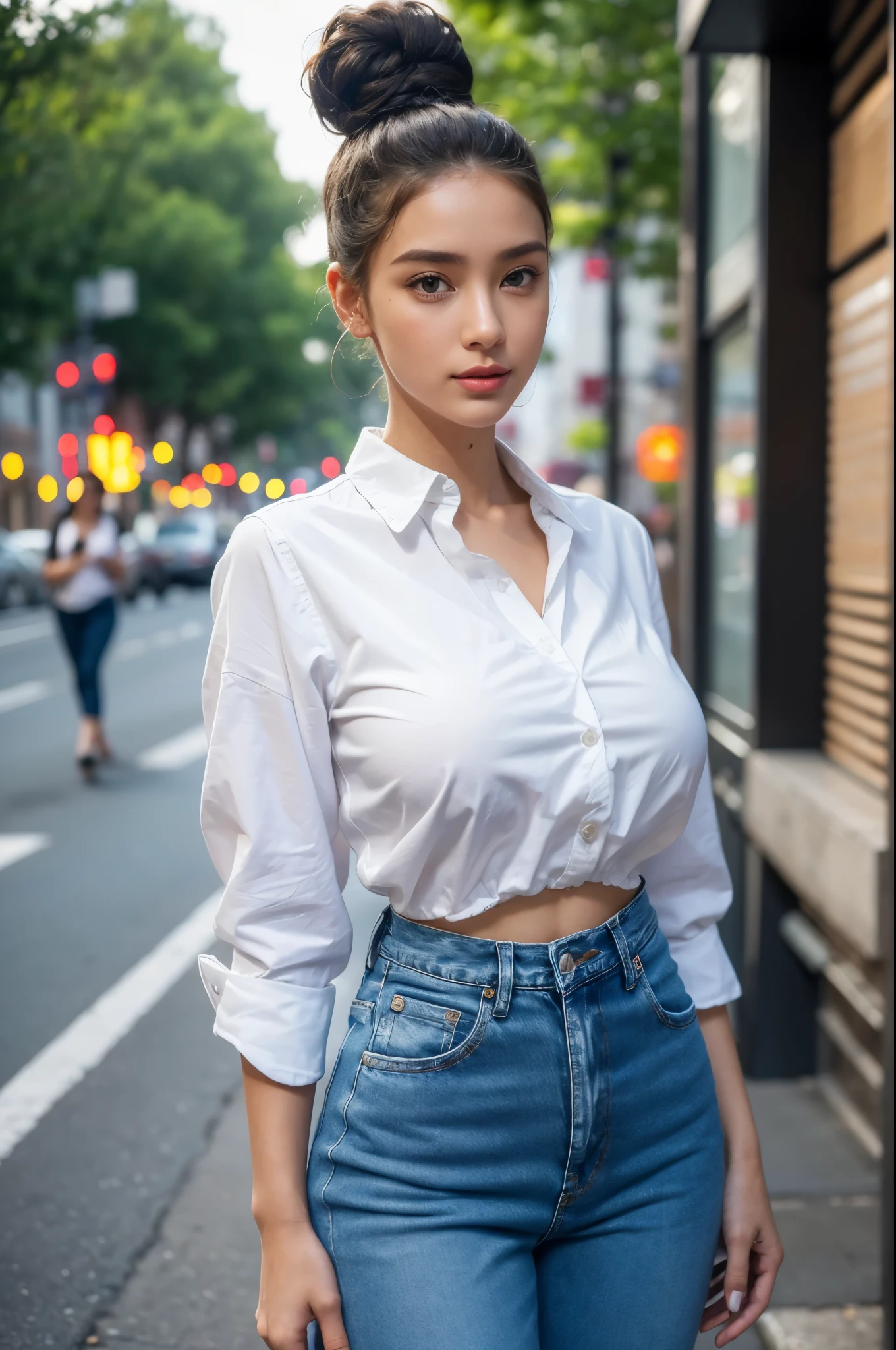 (photo of a beautiful Caucasian woman, photorealistic, with an afro bun, wearing a white shirt and jeans, standing on a street)

(best quality, photorealistic:1.37), high-resolution close-up of a stunning Caucasian woman, Zazie, with (beautiful detailed eyes, beautiful detailed lips:1.1), and an (absurdres:0.9) afro bun. Her (white shirt:1.1) contrasts perfectly with her (jeans:1.1) as she confidently stands on a vibrant street. The (sharp focus:1.1) captures every intricate detail of Zazie's face, highlighting her (perfectly-shaped features:1.1) and (long eyelashes:1.1).

Her expression exudes (elegance:1.1) and (confidence:1.1), radiating (youthfulness:1.1) and (beauty:1.1). The (vivid colors:1.1) bring the scene to life, adding depth to the surrounding (urban environment:1.1). The lighting emphasizes her captivating presence, enhancing the (realistic:0.9) portrayal of this (stunning:1.1) woman.

The (high resolution:1.1) creates a masterful image, allowing viewers to appreciate the (ultra-detailed:1.1) features, from the (fine lines:1.1) on her face to the (subtle variations:1.1) in her skin tone. 

This photograph captures the essence of a modern (woman:1.1) living in an (urban:1.1) setting, evoking a sense of (individuality:1.1) and (style:1.1).