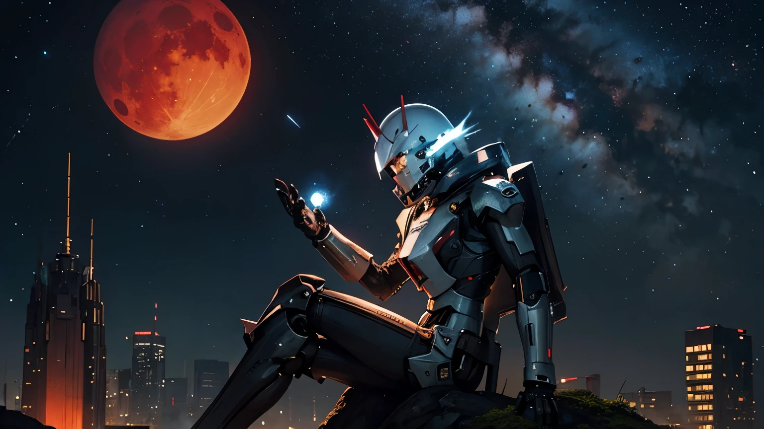space，Mecha sits on the planet and thinks，thinker，hand on cheek，(sitting:1.2)，Rusty，Distant skyline，Gothic，moss，a small white flower，(cross:1.25)，，Gothic教堂，blood red moon，Gothic元素，wildfires，cold， gloomily，