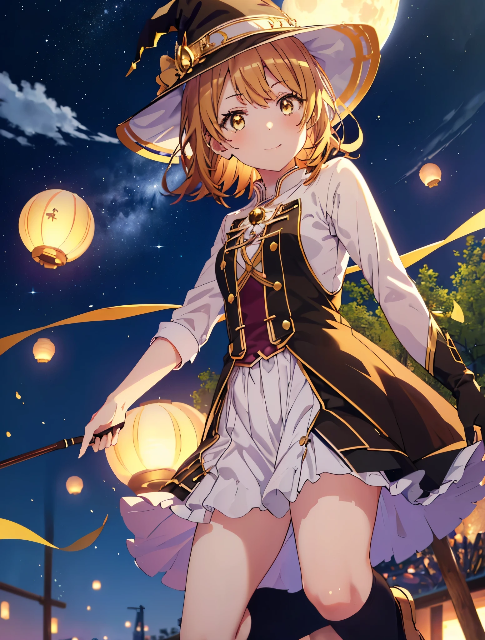irohaisshiki, iroha isshiki, short hair, brown hair, (brown eyes:1.5), smile,(colorful glowing lanterns),((A night sky filled with colorful cute creatures flying around)),((big full moon)),((Sparkling and colorful stars)),fluffy hair,,slightly red tide,((brown eyes)),((Idol style costume with soft volume)),long skirt,Pointed shoes,((gorgeous wizard hat)),((witch)),(magic wand with a jewel on the tip),smile,Kamimei,((側面shape))
break outdoors, forest,forest
break looking at viewer,
break (masterpiece:1.2), highest quality, High resolution, unity 8k wallpaper, (shape:0.8), (thin and beautiful eyes:1.6), highly detailed face, perfect lighting, Very detailed CG, (perfect hands, perfect anatomy),