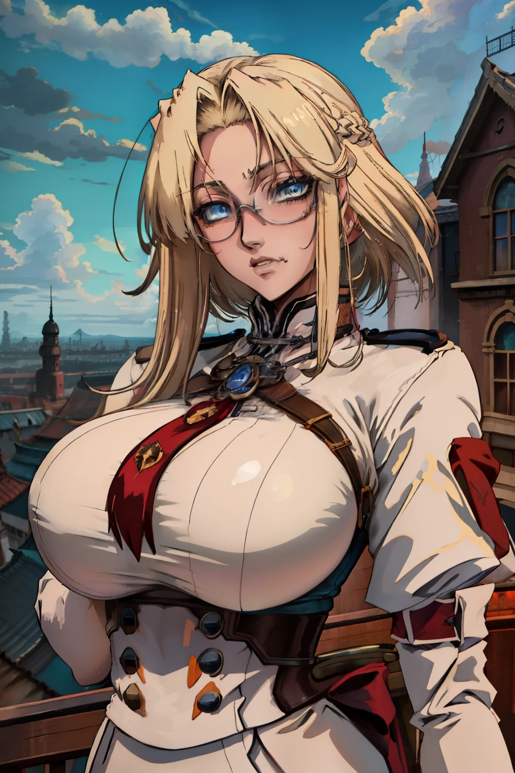 Intrgra, integra hellsing,blonde hair,short hair,blue eyes, 
Chinese dress, 
upper body, standing, 
outside,clouds,rooftop,
(insanely detailed, beautiful detailed face, beautiful detailed eyes, masterpiece, best quality),
 Gigantic breasts, huge breasts, titanic breasts, humongous breasts 