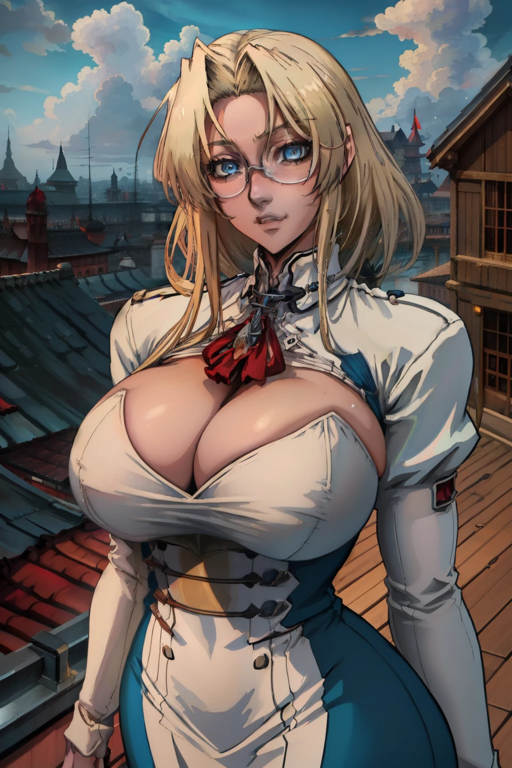 Intrgra, integra hellsing,blonde hair,short hair,blue eyes, 
Chinese dress, 
upper body, standing, 
outside,clouds,rooftop,
(insanely detailed, beautiful detailed face, beautiful detailed eyes, masterpiece, best quality),
 Gigantic breasts, huge breasts, titanic breasts, humongous breasts 