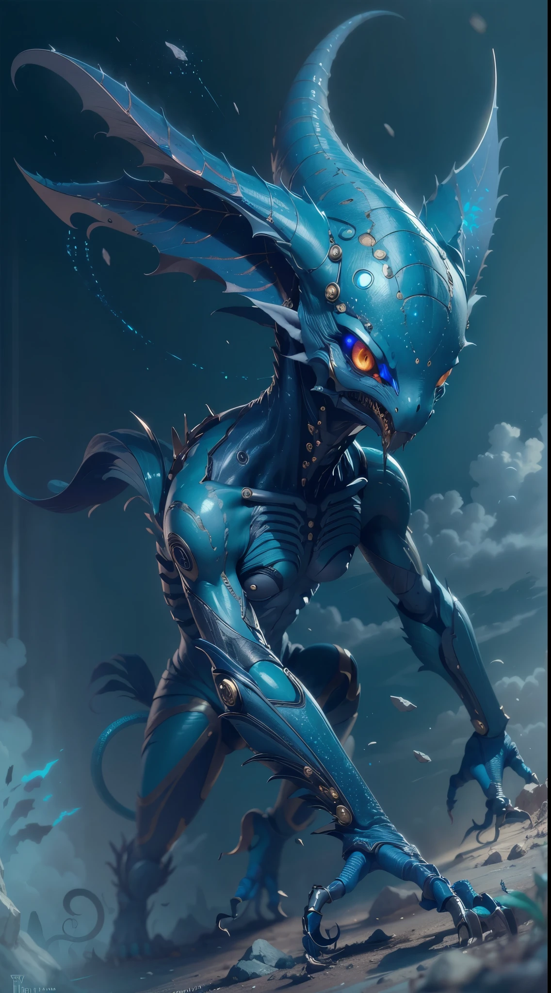 Create hyper-verbose, Best quality, A high-resolution masterpiece，Depict umbra elements，Non-humanoid alien creatures，Exudes perfect blue energy, Highqualityshadow, Photorealistic,