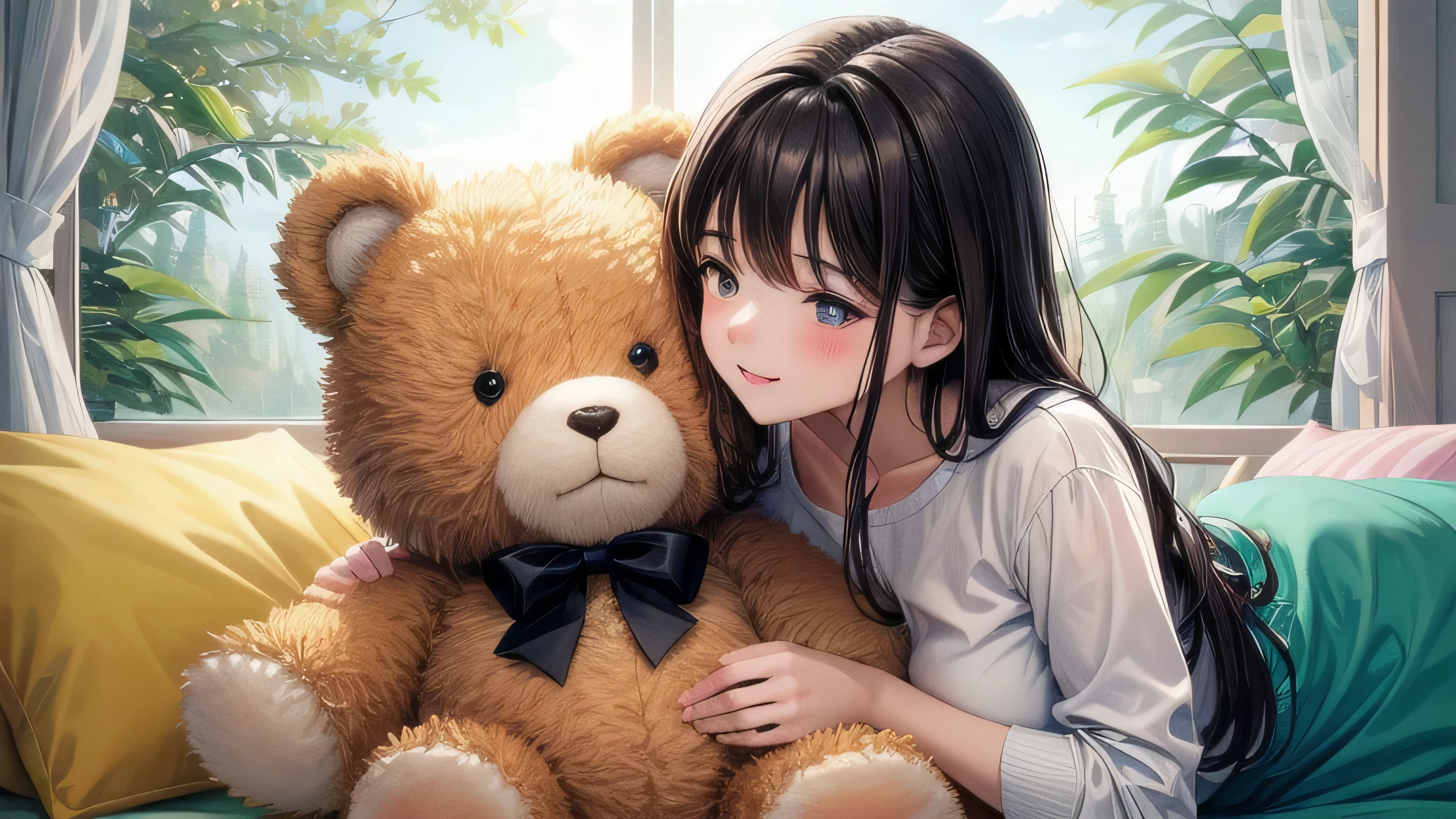 A heartwarming masterpiece, showcasing the purest of emotions, featuring a precious teddy bear tightly embracing a fluffy stuffed bunny. Crafted with the utmost attention to detail, this top-quality artwork captures the essence of love and tenderness. Created by the talented artist Lu Dongjun, in collaboration with renowned illustrator Sakimican Frank Franzeta, this ultra-detailed painting is brought to life with vibrant colors and enhanced by HDR technology. The scene is illuminated by studio lighting, casting a cinematic glow upon the adorable couple. The teddy bear, with its adorable button eyes and irresistibly soft fur, radiates a sense of warmth and affection. Its loving embrace of the stuffed bunny, with its cuddly demeanor and endearing expression, melts the hearts