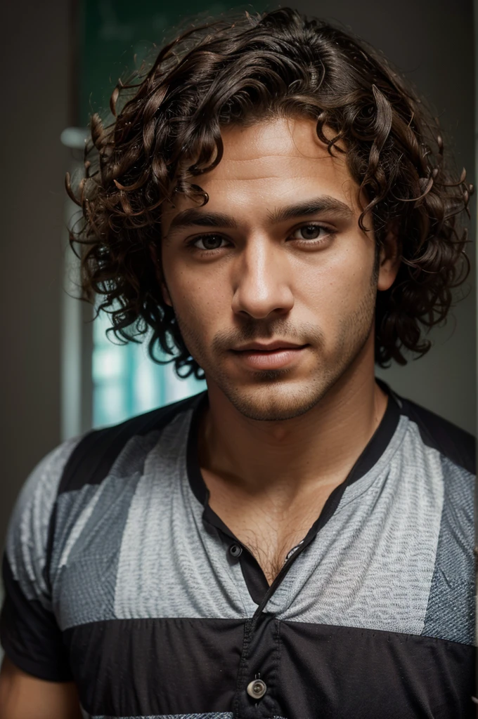 (man with curly hair,handsome man,official,looking at the camera),checker shirt,high resolution,ultra-detailed,realistic,studio lighting,vibrant colors,warm tones,sharp focus