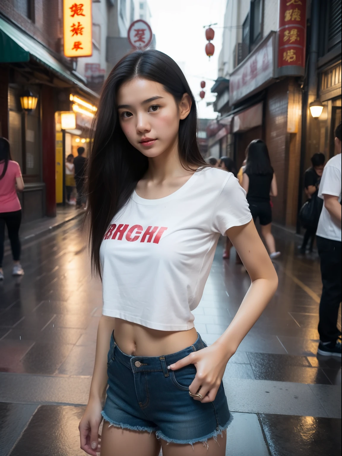 young,(shortpants),tshirts,teens girl,Delicate body, body,Delicate body,,tiny chest,Short,A dark-haired,Very Longhair,Chinatown,very heavy rain, naked