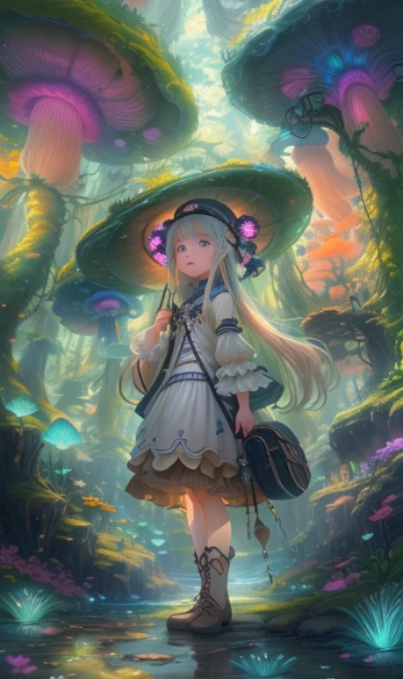 Super detailed，4k，8k，High resolution，masterpiece。girl，in the wonders of the underground，Discover glowing mushrooms and stalactite crystals，Fantastic colors are spreading around you，girlは神秘的で冒険的な気分です，Explore this dreamy place，Experience the wonders of the underground world。