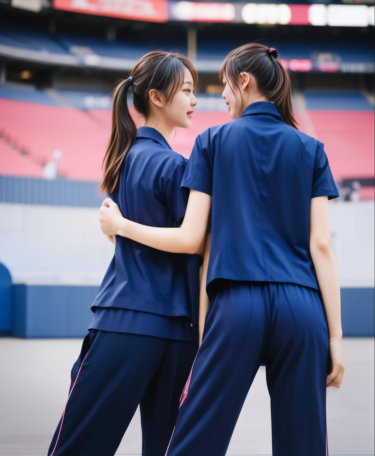 (best quality,10,10,height,Masterpiece:1.2),Special details,(realistic,ภาพrealistic,Realistic photos:1.37),1 cute girl on the football field,shiny, ผิวshiny,only,smile softly,BDclothelue shirt:1.3)),short sleeve,shirt, กางเกงขาlong.,(navy_long_track pants:1.1), ((stadium background:1.3)),Dynamic angle,excited,Face focus,dynamic poses,from behind,focus on ass,Masterpiece, best quality, ultra realistic, hyper-detail, 8K resolution, raw photos, Sharp focus, ((Navy blue shirt:1.1)), short sleeve, เส้นทางlong, perfect body, 2 mature women, 18 years old, Cinema-grade lighting system,blue sweatpants,shirtผ้าออกกำลังกาย,correct anatomy,perfect body, correct body, Sharp face, correct bodyทางกายวิภาค, full body, realistic gestures, long-haired, realistic poses,Wear long shorts................................,ช่วงขาlong,Good shape,carved girl, Slender figure, model, Good shape, beautiful body,blue sweatpants, two girls kissing