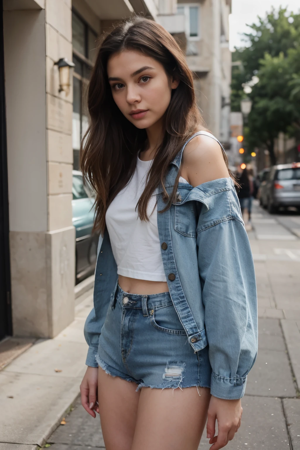 Girl with long hair and denim shorts