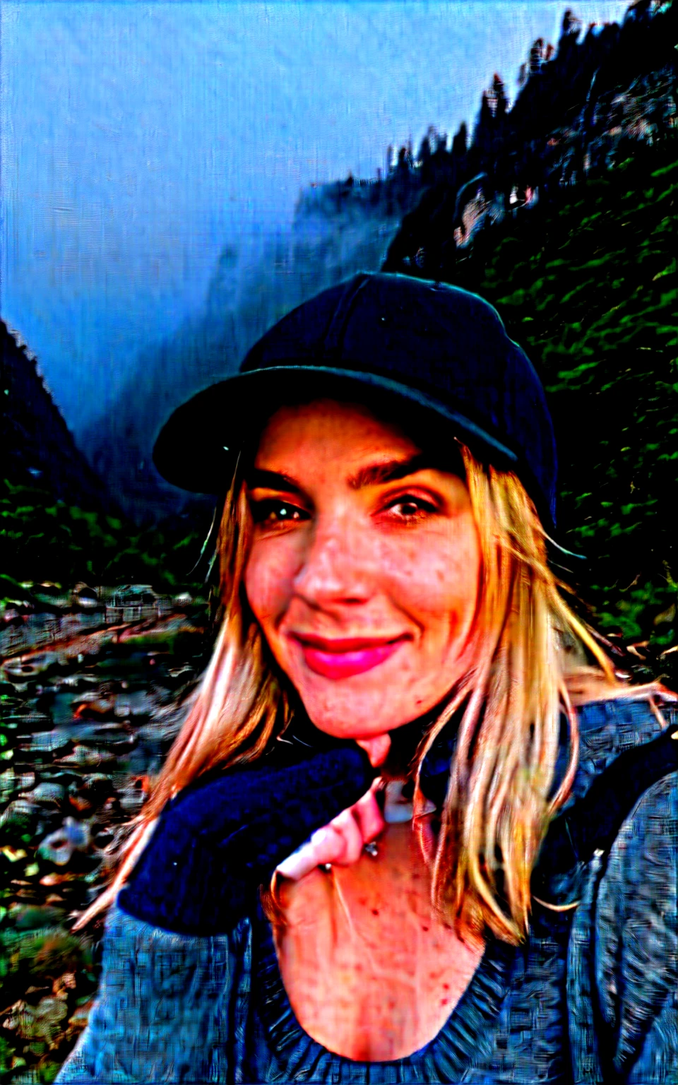 Photo, photo of a beautiful woman, selfie, Upper body, One, wear a pullover, on open air, (night), Mountains, Real nature, stars, moon, cheerful, happy, gloves, sweater, cap, the forest, rocks, River, Wood, smoke, fog, I look at the viewer, skin texture, photograin, close-up, Raw-Photo