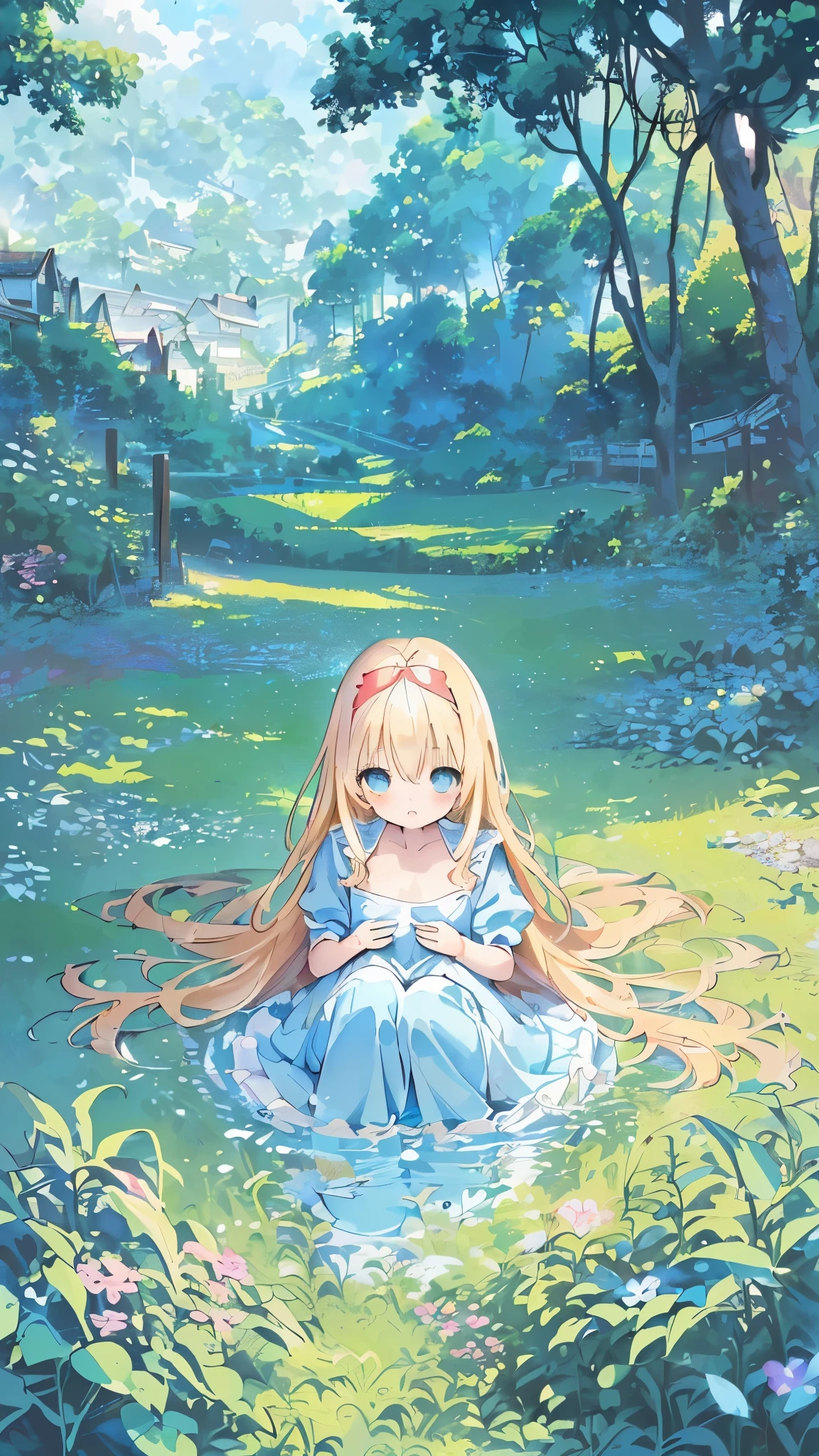 High resolution, (An illustration: 1.3), anime、((highest quality)), (Super detailed), (beautiful), ((Peaceful rural scenery、sunbathing:1.3)), alone,(young girl with small breasts、8-year-old:1.4)、cute face、(alice in wonderland costume:1.4),white and transparent skin、(blue ribbon on head:1.3)、Shiny pale colorful blonde long hair,Delighted face、(low position、from below:1.3)