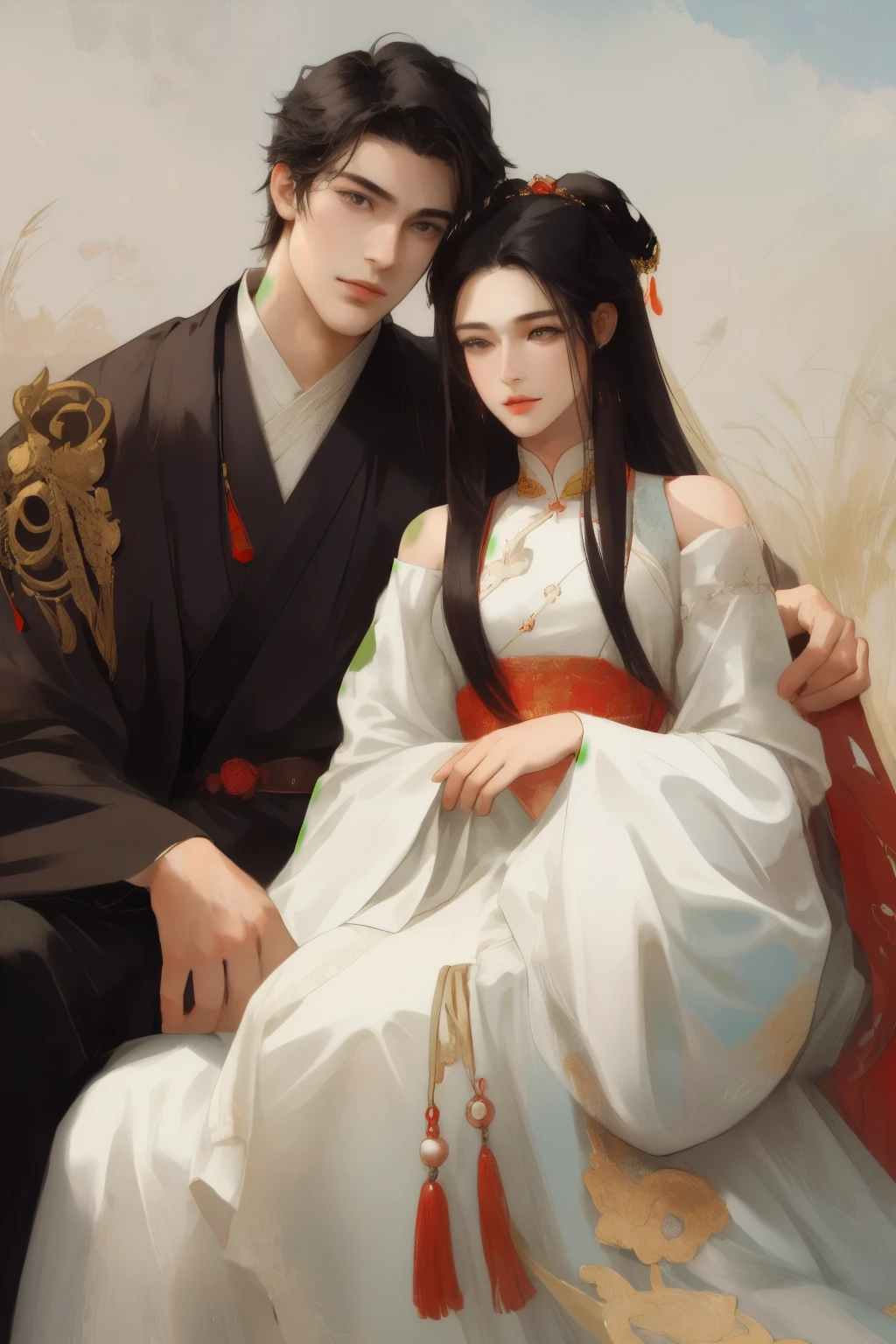 A handsome guy and a beautiful girl are leaning against each other，quiet and peaceful，faint smile，Chinese style clothing and accessories，black hair，perfect face