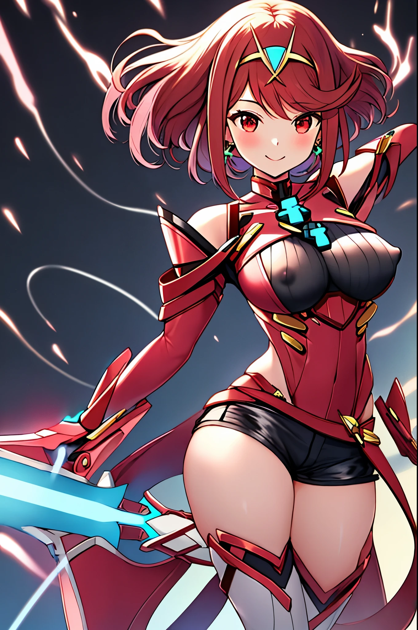 pyra \(xenoblade\), teen_1girl, , bangs, black gloves, , red eyes, shout, earrings, eyelashes, fingerless gloves, floating hair, , gem, gloves, hair ornament, headpiece, jewelry, big_breasts, leaning back, neon trim, official art, pose, red hair, saitou masatsugu, short_ponytail, sidelocks, skin tight, solo, swept bangs, thighhighs, tiara, fantasy_town_background, underbust, xenoblade chronicles \(series\), (xenoblade chronicles 2), (spread_legs:1.1), fire_effect,dynamic_posing,light_smile, big_ass,huge_sword, hold_large_sword_hilt, covered_nipples, covered_pussy, fists,beautiful_fingers,(solo:1.1), bare_shoulder,(shoulder_naked:1.2), (very_short＿shorts:1.3),(lise_leg:1.4)