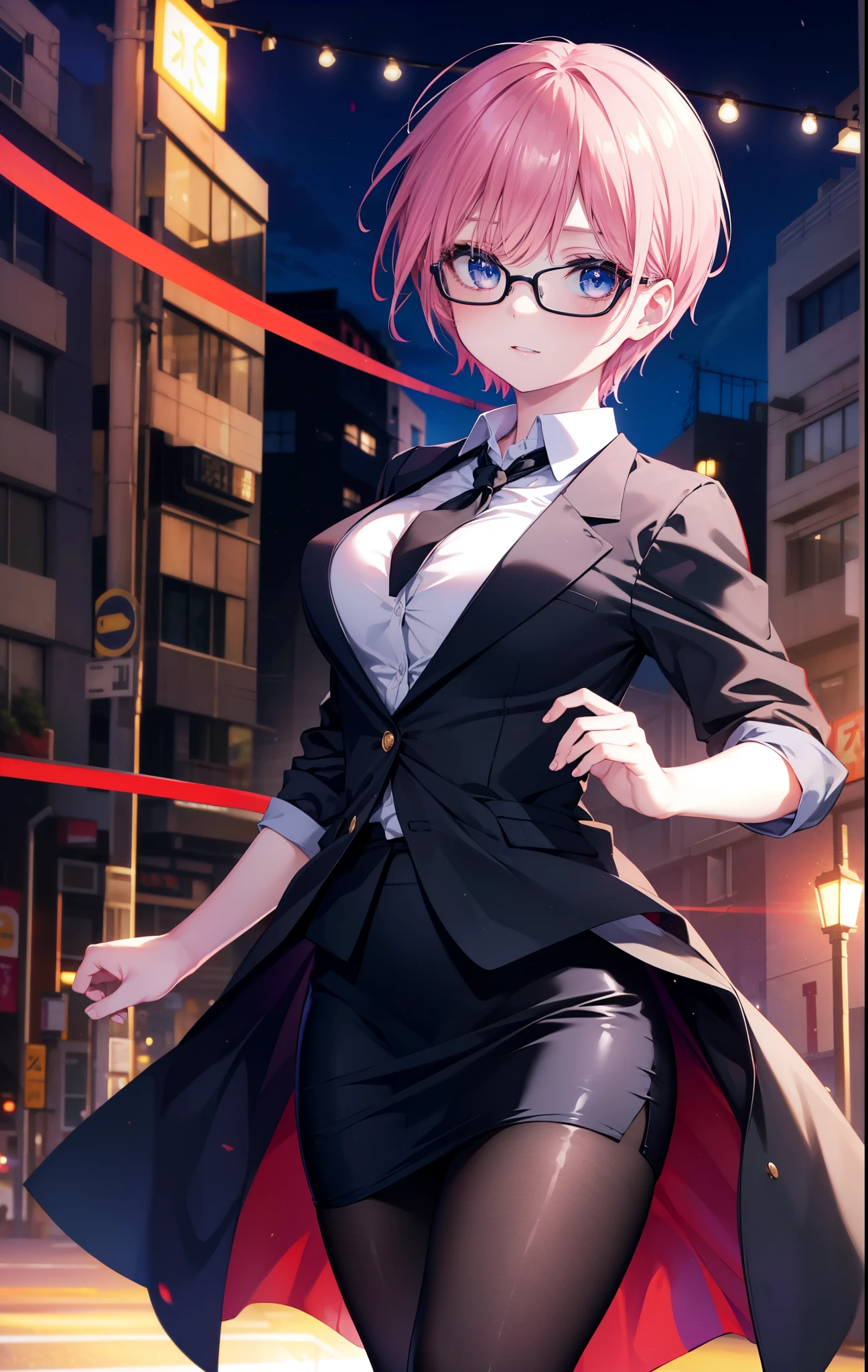 ichikanakano, ichika nakano, short hair, bangs, blue eyes, hair between eyes, smile,pink hair, big breasts , OL, red glasses, end, black suit jacket with open front, white dress shirt, collared shirt, neckline, button,black pencil skirt, black pantyhose, stiletto heels,sunset,夕方
break looking at viewer, whole body, ,walking,
break outdoors, In town,building street,
break (masterpiece:1.2), highest quality, High resolution, unity 8k wallpaper, (shape:0.8), (fine and beautiful eyes:1.6), highly detailed face, perfect lighting, Very detailed CG, (perfect hands, perfect anatomy),