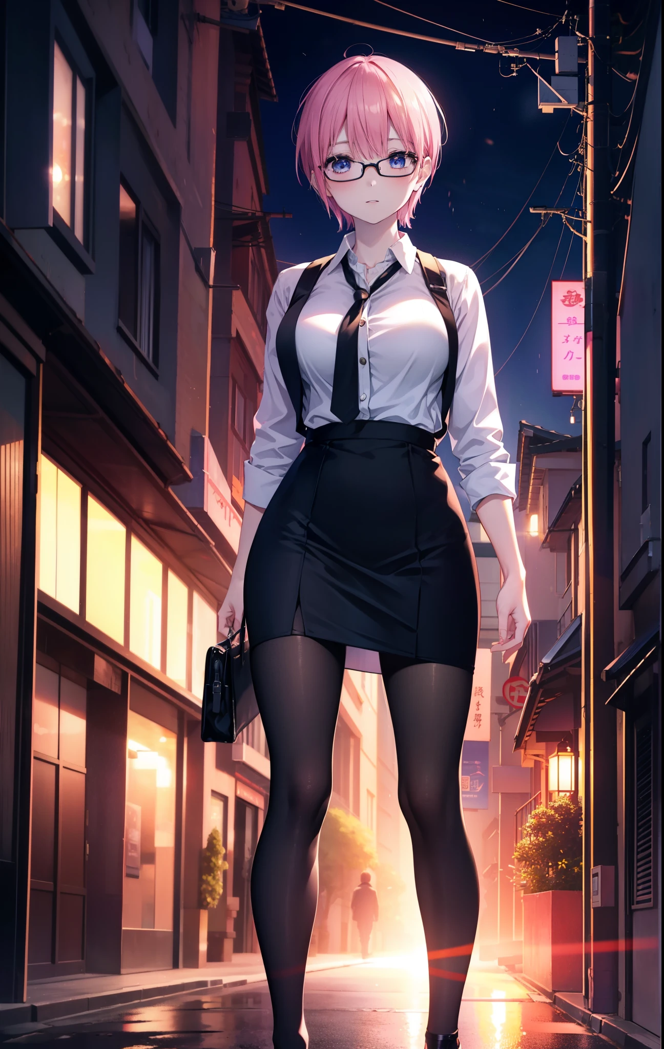ichikanakano, ichika nakano, short hair, bangs, blue eyes, hair between eyes, smile,pink hair, big breasts , OL, red glasses, end, black suit jacket with open front, white dress shirt, collared shirt, neckline, button,black pencil skirt, black pantyhose, stiletto heels,sunset,夕方
break looking at viewer, whole body, ,walking,
break outdoors, In town,building street,
break (masterpiece:1.2), highest quality, High resolution, unity 8k wallpaper, (shape:0.8), (fine and beautiful eyes:1.6), highly detailed face, perfect lighting, Very detailed CG, (perfect hands, perfect anatomy),