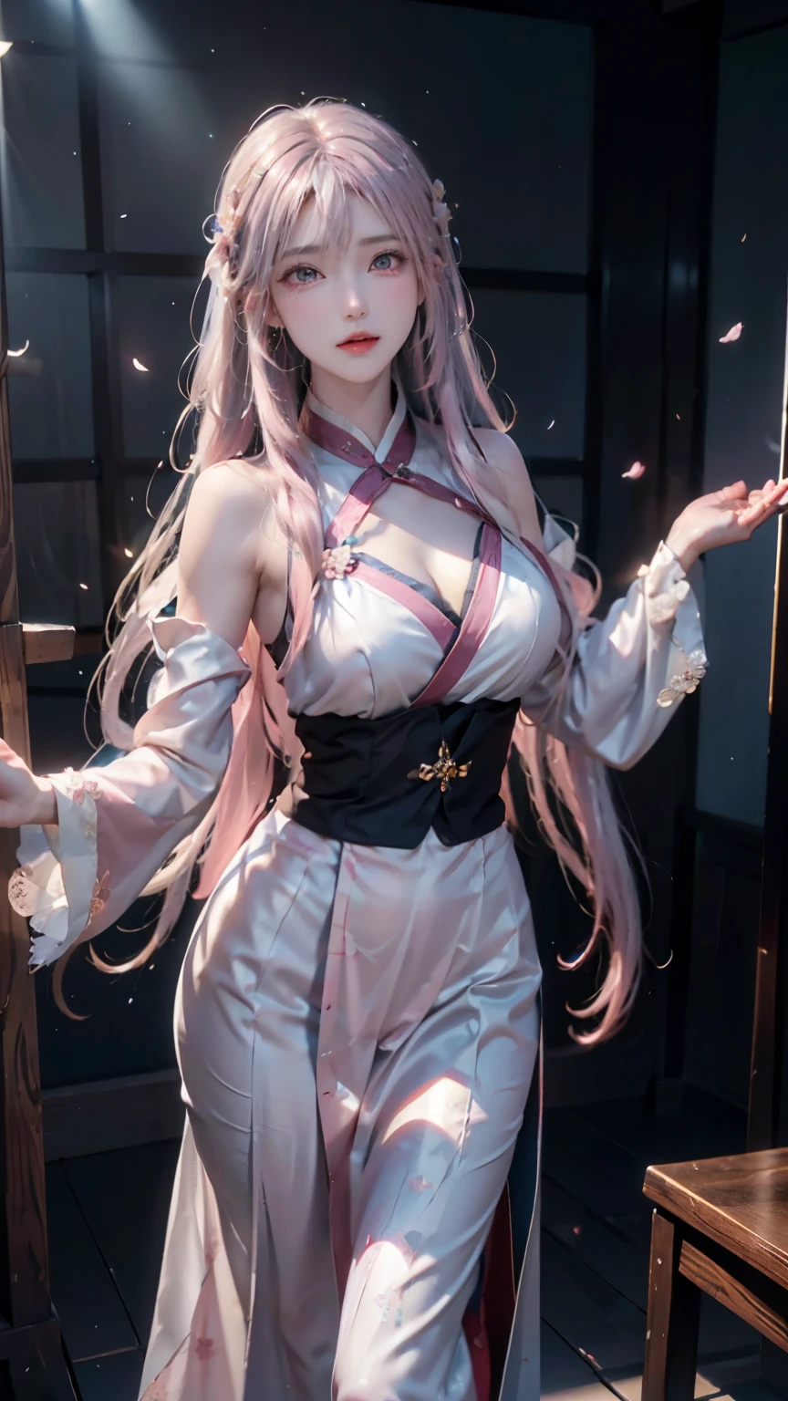((logo, masterpiece, 8k, table top, RAW photo, wonderful, 最high quality, Photorealistic and hvery detailed CG integrated 8k wallpaper, high quality, very detailed, Narrative poem, particle effects, dynamic effects, Depth of written boundary, cinematic light, Lens flare, ray tracing, anatomically accurate)), fantasy, 1 beautiful woman, ((pink hair)), clear eyes, long hair, beautiful face, real face, 緻密でbeautiful eyes, beautiful skin, ((dancing woman, 優雅にdancing woman, 雪景色の中でdancing woman, 激しくdancing woman)), ((long hairがWindでなびく, long hairが跳ねる, long hairがWindで踊る)), hair jump, jewelry, beautiful eyes, white kimono, white obi, 白いcherry blossomsの刺繍模様, silver earrings, Light is shining, ((cherry blossoms, cherry blossomsの木, cherry blossomsの花びらが舞う, cherry blossoms吹雪, falling petals)), blue sky and white clouds background, 広大なWind景, Wind, grassland, Vast land in mythology, Spectacular view, 美しい自然のWindのWind景, hair color is pink, cherry blossomsの花びらが舞う, cherry blossomsの木