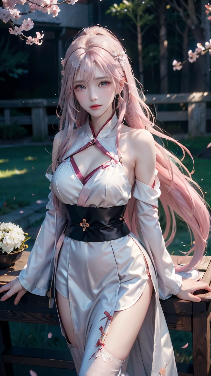 photorealistic, high resolution, 1women, shining skin, solo, hips up, tattoo, jewelry, pink lips, long white hair, blue eyes, closed mouth, hanfu, cherry blossoms