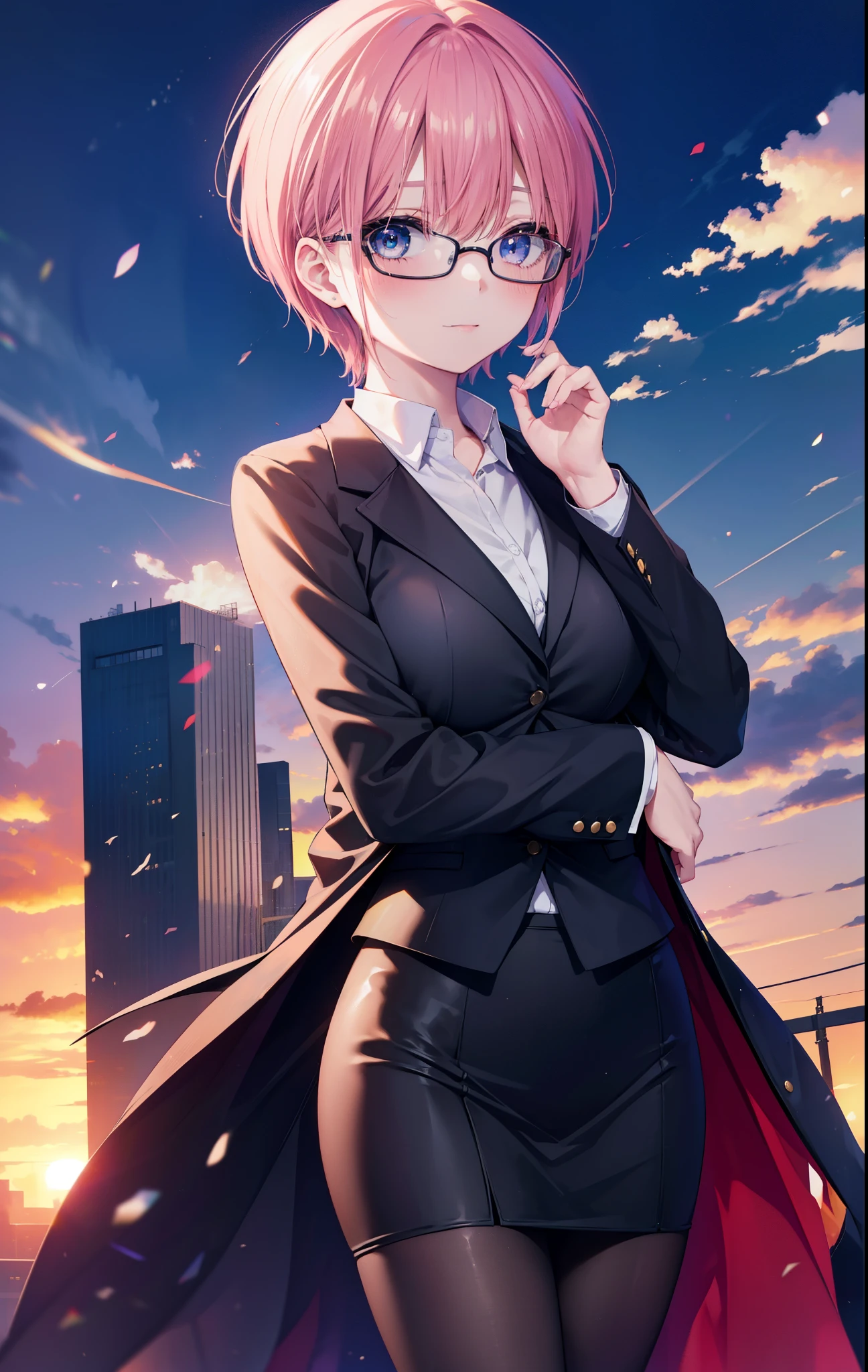 ichikanakano, ichika nakano, short hair, bangs, blue eyes, hair between eyes, blush,smile,pink hair, big breasts , OL, red glasses, end, black suit jacket with open front, white dress shirt, collared shirt, neckline, button,black pencil skirt, black pantyhose, stiletto heels,sunset,夕方
break looking at viewer, whole body, ,walking,
break outdoors, In town,building street,
break (masterpiece:1.2), highest quality, High resolution, unity 8k wallpaper, (shape:0.8), (fine and beautiful eyes:1.6), highly detailed face, perfect lighting, Very detailed CG, (perfect hands, perfect anatomy),