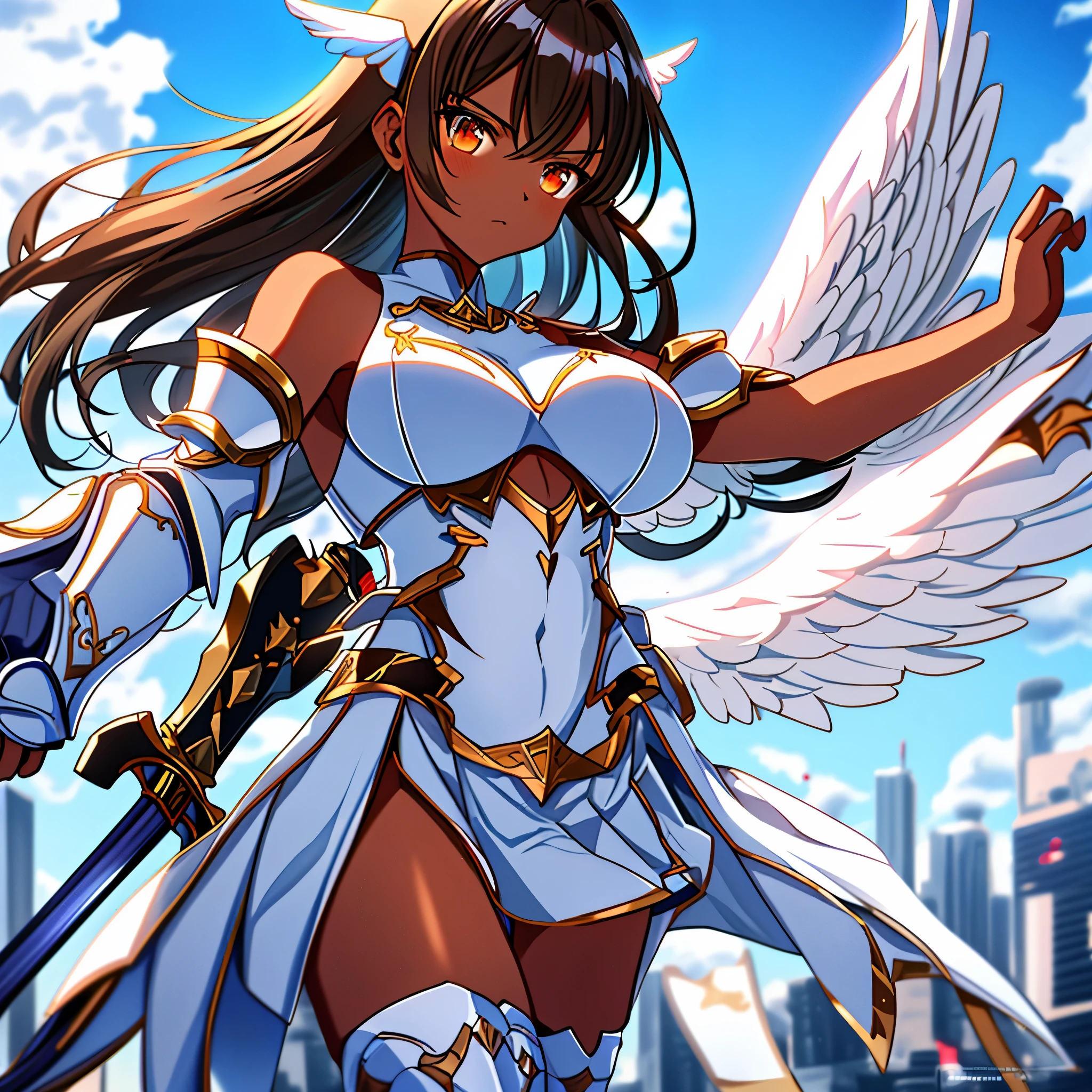 fantasy, 1angel_girl, low_teen, brown_hair, medium_bob_hair,long_bangs, (dark_skin)+, bare_shoulder, navel out, thighhighs,silver_shiny_armor, white_clothes,waist_armor, Glebe, hold_shiny_swords, medium_breasts, Angry, dynamic_pose_fighting,Floating, (1pair_white_wings,pelvic_curtain)++, Headgear ,city_sky_background,,slightly_spread_legs, multiple_shiny_swords_floating_around_the_girl