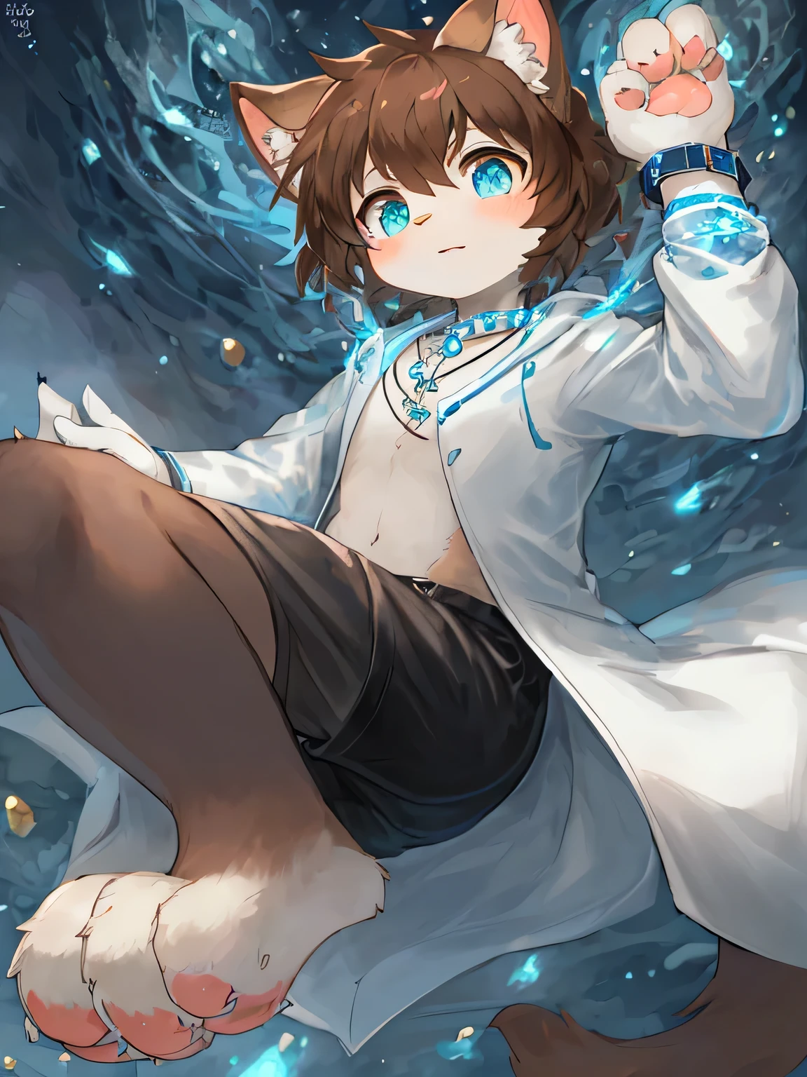 (best quality, high resolution, masterpiece:1.2), hairy pussy, Moe and Full of energy beasts, brown hair and blue eyes, clear eyes, Bright Eyes, Full of energy, Lovely, One paw clenched and raised, Raise the other paw to the chest, Blue crystal necklace, watch, white coat, White underwear with cat paw prints, black shorts, barefoot, Clean up pebbles, Energetic.