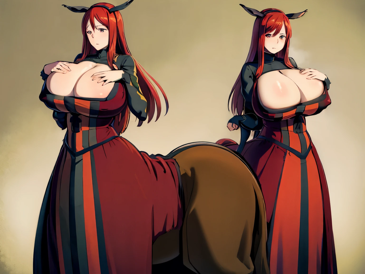 8k, masterpiece, very realistic, many many metal accessories, holding in hands her breast, Centaur, horse, horse legs, Full body sketch line of fat cat woman, anime style, clean sketch line, standing, tail, cat ears fat hips, very slim waist, very tall, ancient clothing design, white, queen, demon, red, demoness