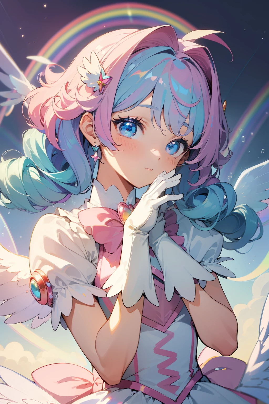 (best quality, high-res, masterpiece:1.2), dreamlike, magical girl, magical girl costume, magical girl gloves, cute hair accessories, glowing wings, misty, curly, upper body, (rainbow hair:1.2), a lot of bubbles, colorful, cute, pastel, soft and fluffy