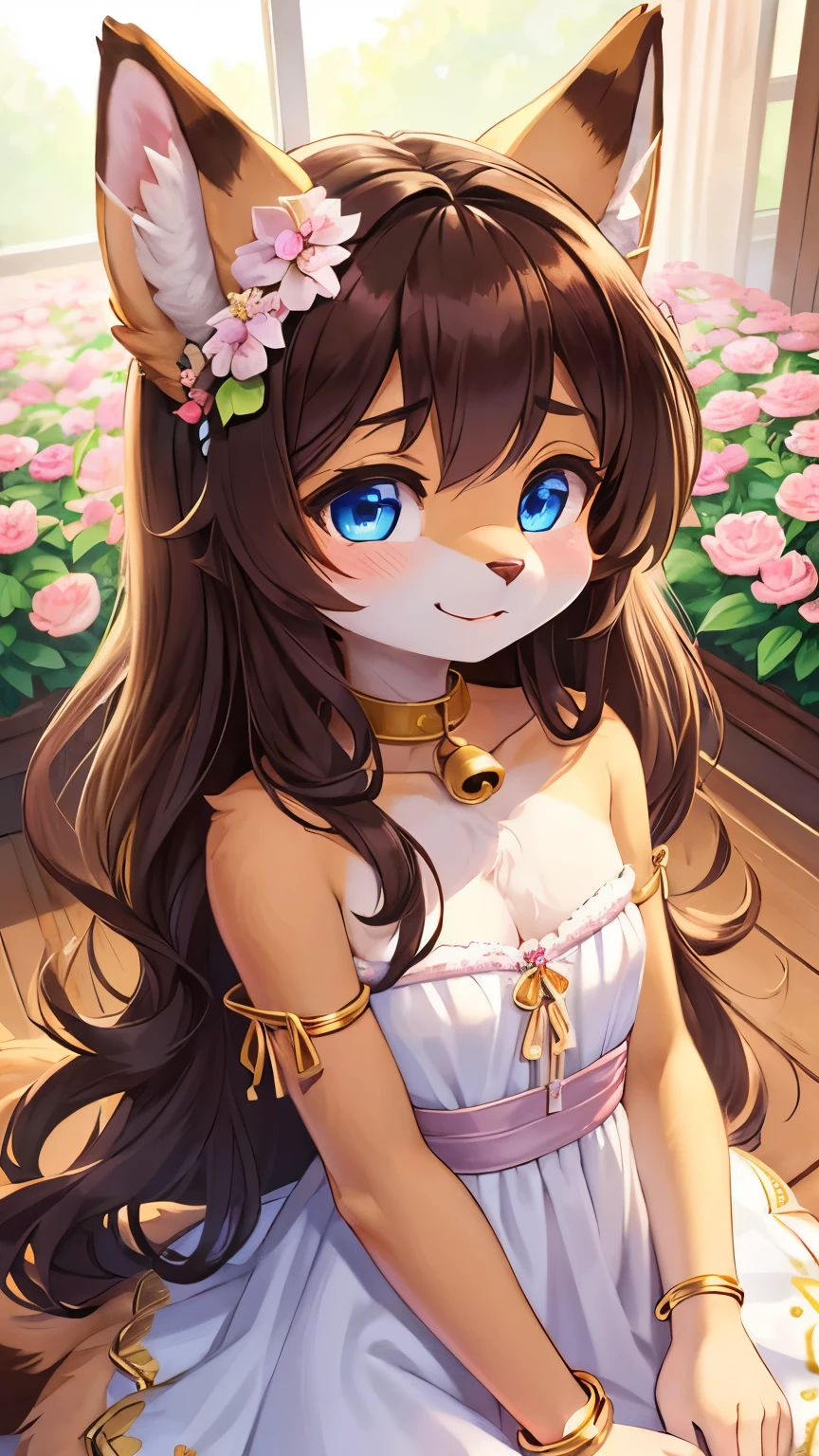 (fluffy anthro furry :1.6),(young :1.6),cat girl,small breasts,blue eyes,dark brown long hair,wavy hair,messy hair,gold body fur,gold canine ears,pubic fur,neck fur,flower hair ornament,small bell collar,white cute dress with ribbon decoration,floral bracelet,looking at viewer,upper body only,shy face,smile,heart eyes,heart eyeblow,huge flower garden