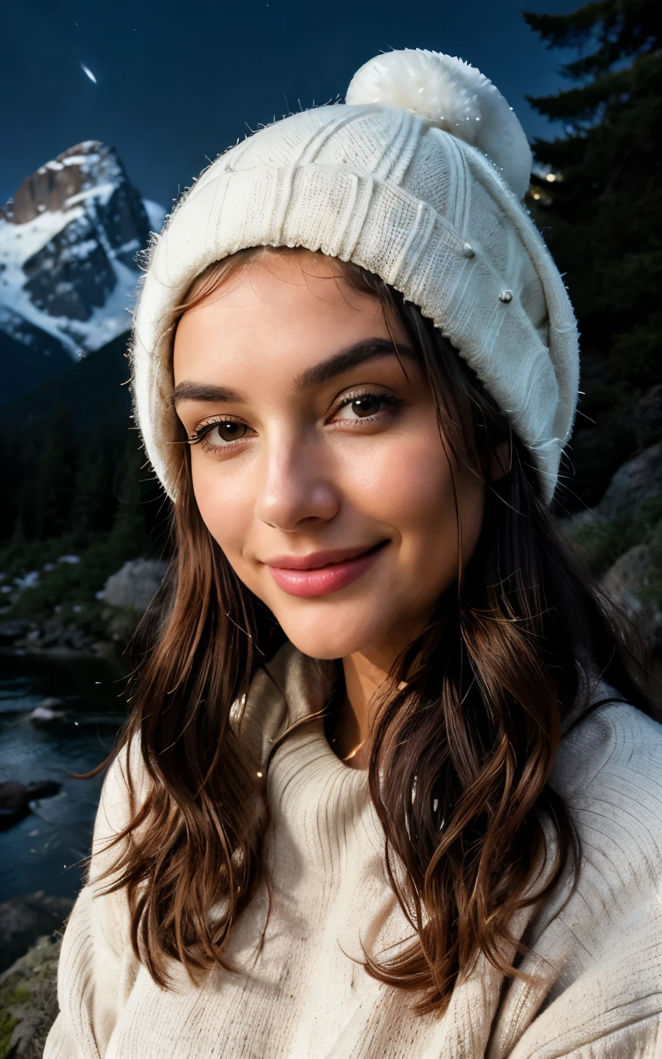 Photorealistic, ultra-detailed, the stunning woman gazes into the distance with a joyful expression, her skin exuding an ethereal softness. She stands alone in the midst of nature, wearing a cozy pullover to keep warm in the outdoors, under the mesmerizing night sky adorned with majestic mountains and twinkling stars. The radiant moon illuminates her surroundings, casting a gentle glow on her cheerful face. Her hands are adorned with gloves, and she completes her winter ensemble with a snug hat. The lush forest, rugged rocks, and serene river create a picturesque backdrop, while the scent of wood fills the air. Wisps of fog add an enchanting element to the scene as the woman captivatingly looks straight into the viewer's eyes