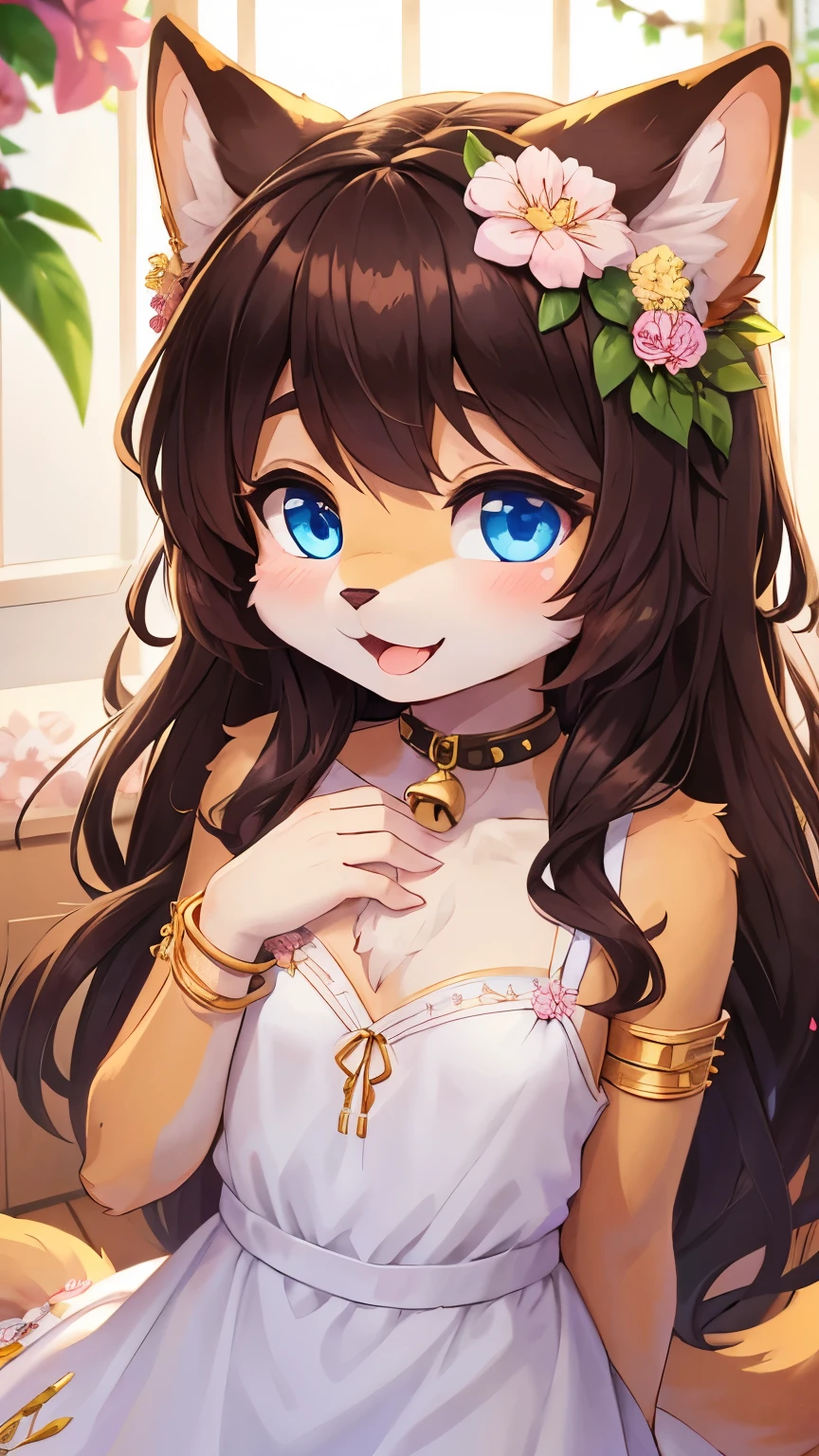 (fluffy anthro furry :1.6),(young :1.6),cat girl,dark brown long hair,wavy hair,messy hair,small breasts,gold fur,gold fox ears,neck fur,luxury bedroom,sunbeam,gold sunlight,white curtain,short white dress,transparent cloth,sexy,thin dress,lace,see through,full face blush,passionate face,looking at viewer,kiss,heart eyes,flower hair ornament,small bell collar,selfie,front view,upper body only