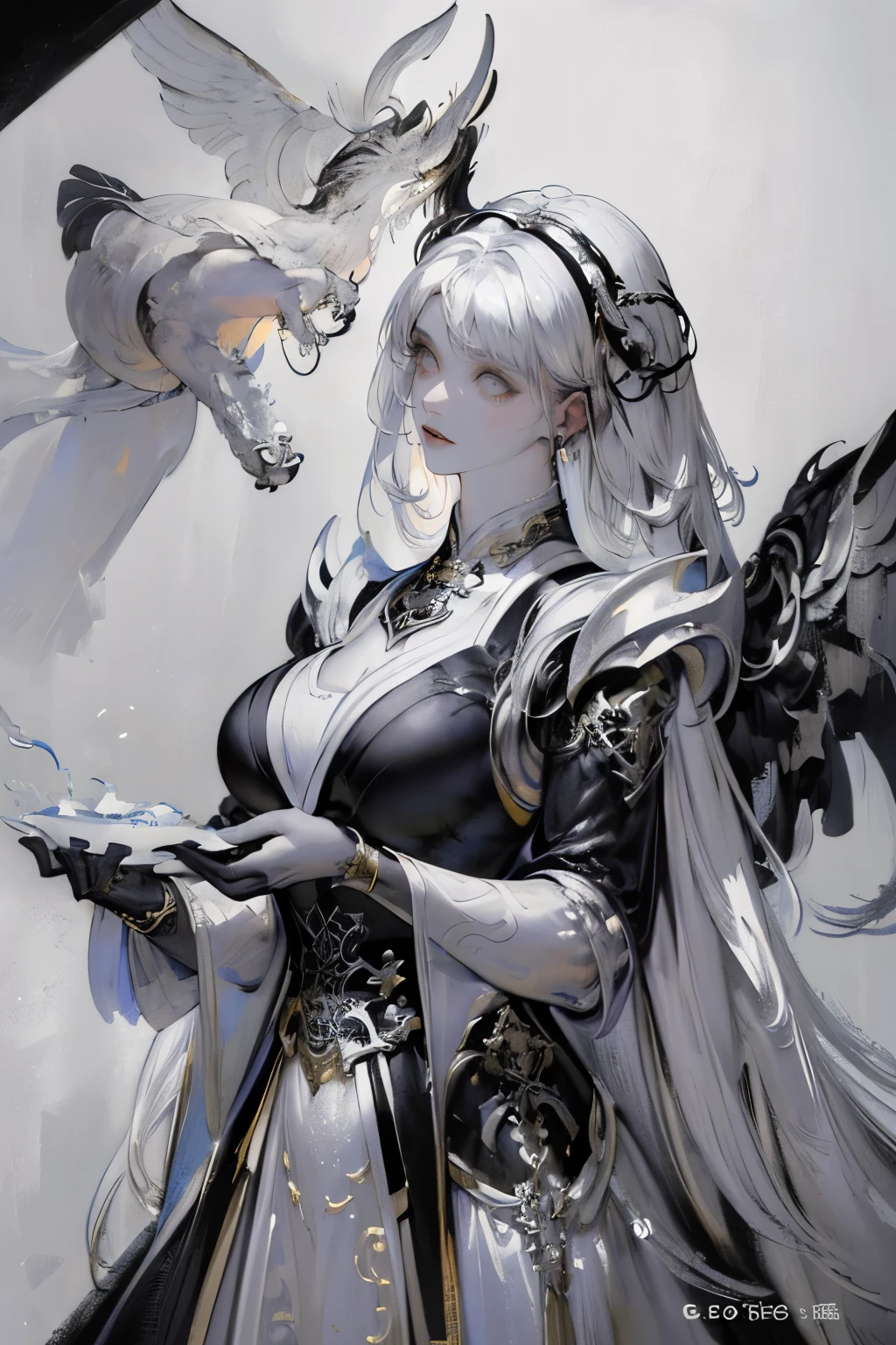 (Black and white color scheme:1.4)a close up of a woman with a white dress on, chengwei pan on artstation, by Yang J, detailed fantasy art, Stunning character art, Fanart Meilleure ArtStation, epic exquisite  character art, Beautiful armor, Extremely detailed Artgerm, Detailed digital anime art, Artgerm on ArtStation Pixiv, Armor Girl