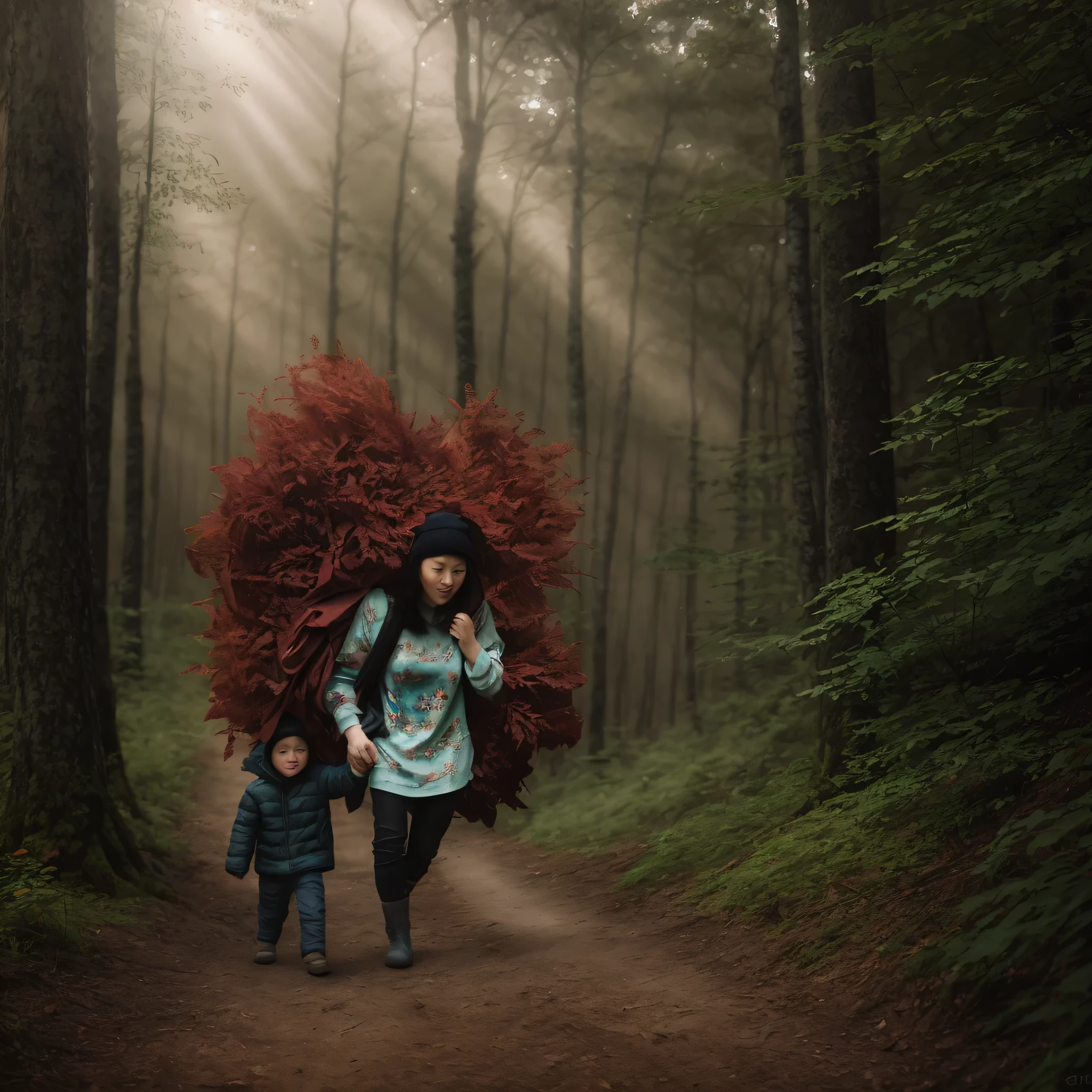 photography,The background is the virgin forest,Dense forest,forest path,mist,strong light and shadow,pastel colors,thin strokes,The character has a heavy expression,Serious,canon camera,raw,8k,人像photography,Super details,Super real,获奖photography,masterpiece