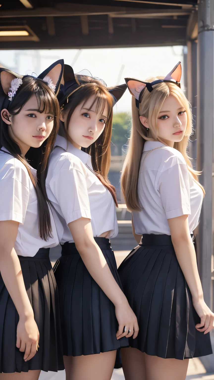 masterpiece, 4k, multiple girls, harem, group picture, Beautiful high school girl, (Japanese idle:1.6), harem, (cat ears:1.4), (pleated skirt, white browse:1.3), sundown, train station, close up,