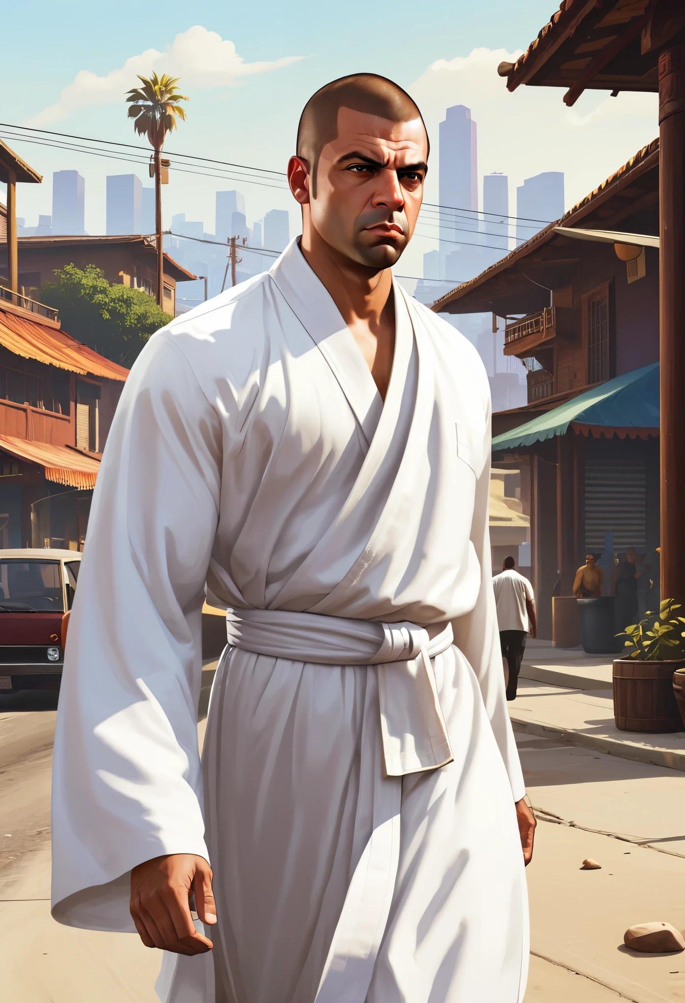 (grand theft auto style:1.5),Young monk wearing white robe,in the wind,cool guy