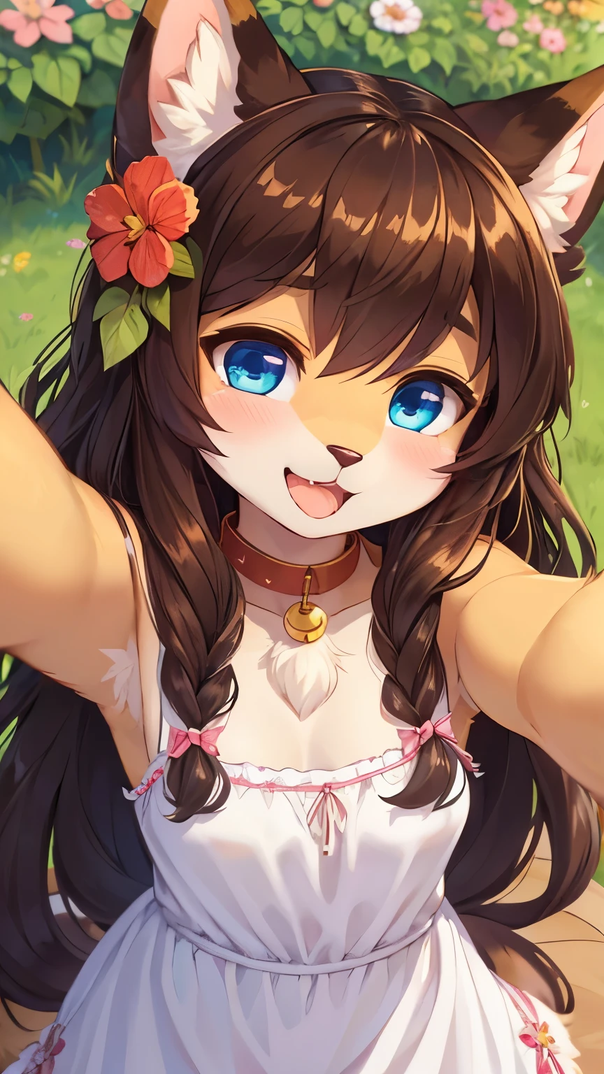 (fluffy anthro furry :1.6),(young :1.6),cat girl,small breasts,blue eyes,dark brown long hair,wavy hair,messy hair,gold body fur,gold canine ears,pubic fur,neck fur,flower hair ornament,small bell collar,white cute dress with ribbon decoration,floral bracelet,looking at viewer,upper body only,desire face,smile,open mouth,heart eyes,heart eyeblow,huge flower garden,heavy breath,selfie