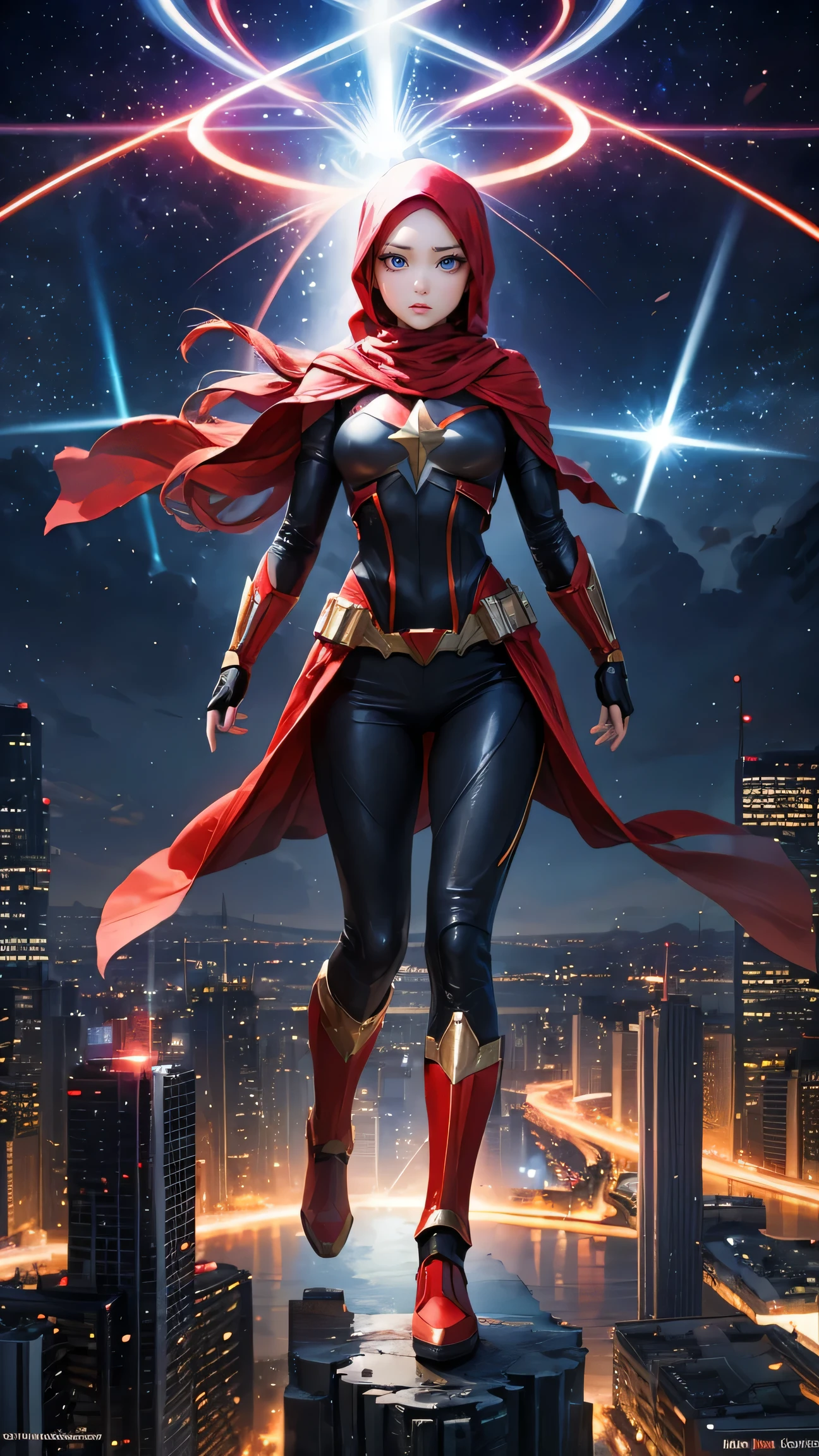 (best quality, masterpiece:1.2), Create a dynamic and action-packed photomanipulation reminiscent of Marvel superhero movies. Feature the Malay girl in hijab showcasing her unique superpowers in a cityscape, surrounded by vivid colors and high-energy effects