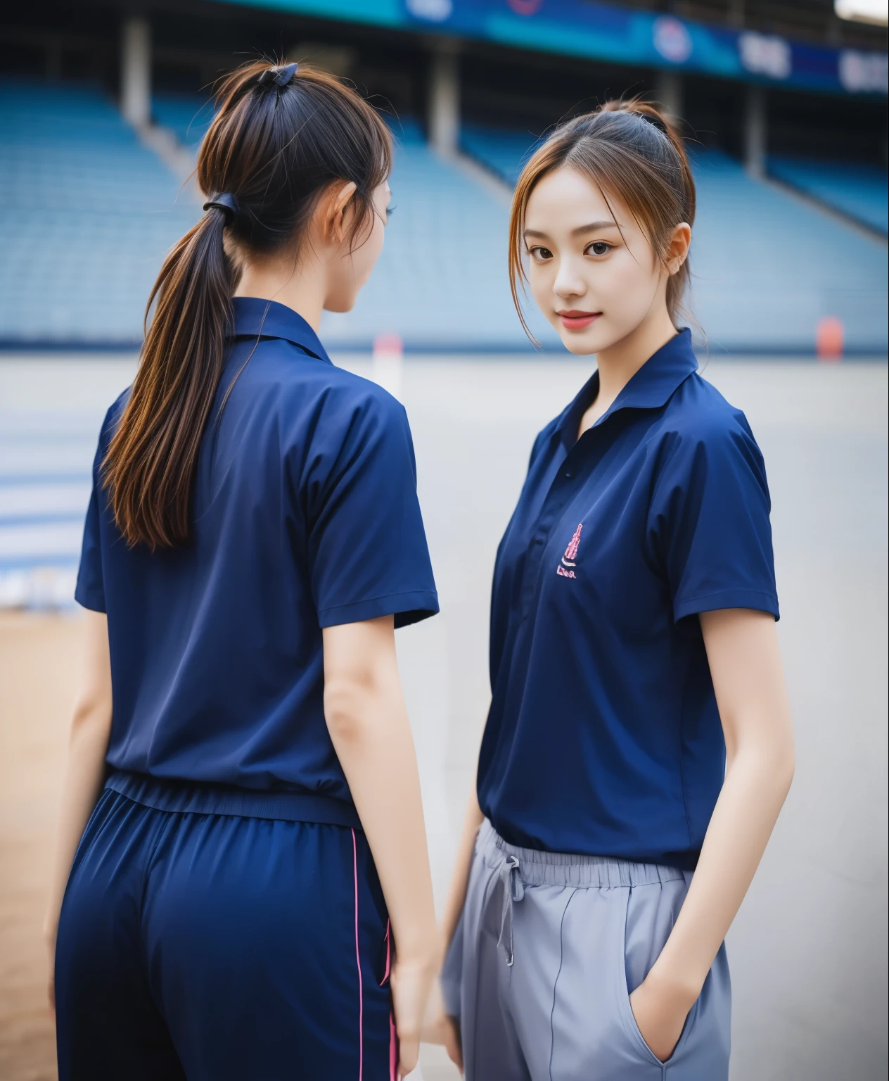 (best quality,10,10,height,Masterpiece:1.2),Special details,(realistic,ภาพrealistic,Realistic photos:1.37),1 cute girl on the football field,shiny, ผิวshiny,only,smile softly,BDclothelue shirt:1.3)),short sleeve,shirt, กางเกงขาlong.,(navy_long_track pants:1.1), ((stadium background:1.3)),Dynamic angle,excited,Face focus,dynamic poses,from behind,focus on ass,Masterpiece, best quality, ultra realistic, hyper-detail, 8K resolution, raw photos, Sharp focus, ((Navy blue shirt:1.1)), short sleeve, เส้นทางlong, perfect body, 2 mature women, 18 years old, Cinema-grade lighting system,blue sweatpants,shirtผ้าออกกำลังกาย,correct anatomy,perfect body, correct body, Sharp face, correct bodyทางกายวิภาค, full body, realistic gestures, long-haired, realistic poses,Wear long shorts................................,ช่วงขาlong,Good shape,carved girl, Slender figure, model, Good shape, beautiful body,blue sweatpants, two girls kissing