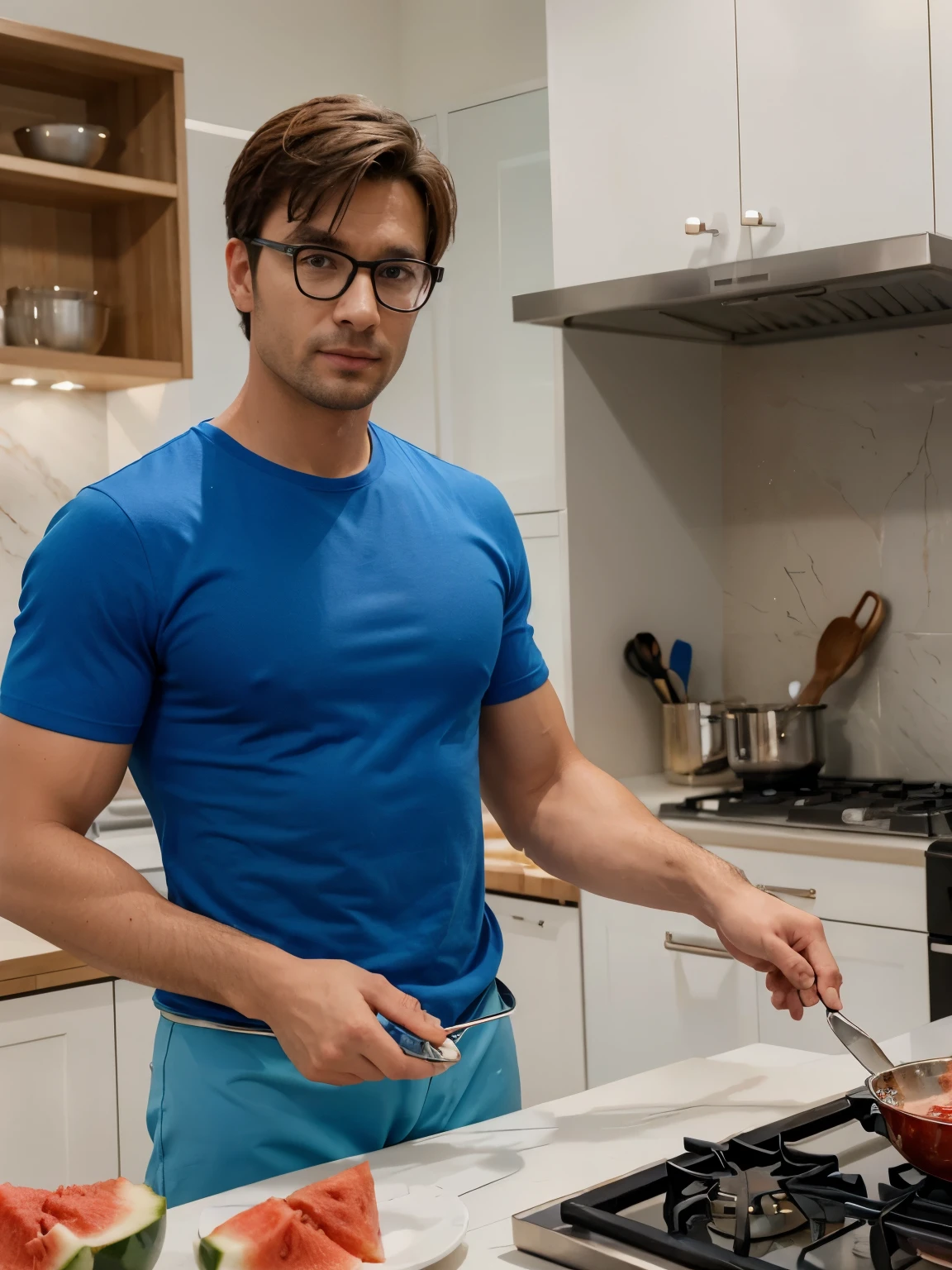 UHD image of a handsome guy, wearing blue shirt, wearing spectacle, with cooking set and table in front of him, ready for cooking show. he holding a pudding made of watermelon and show it to us. photorealistic, highly detailed sharp image.