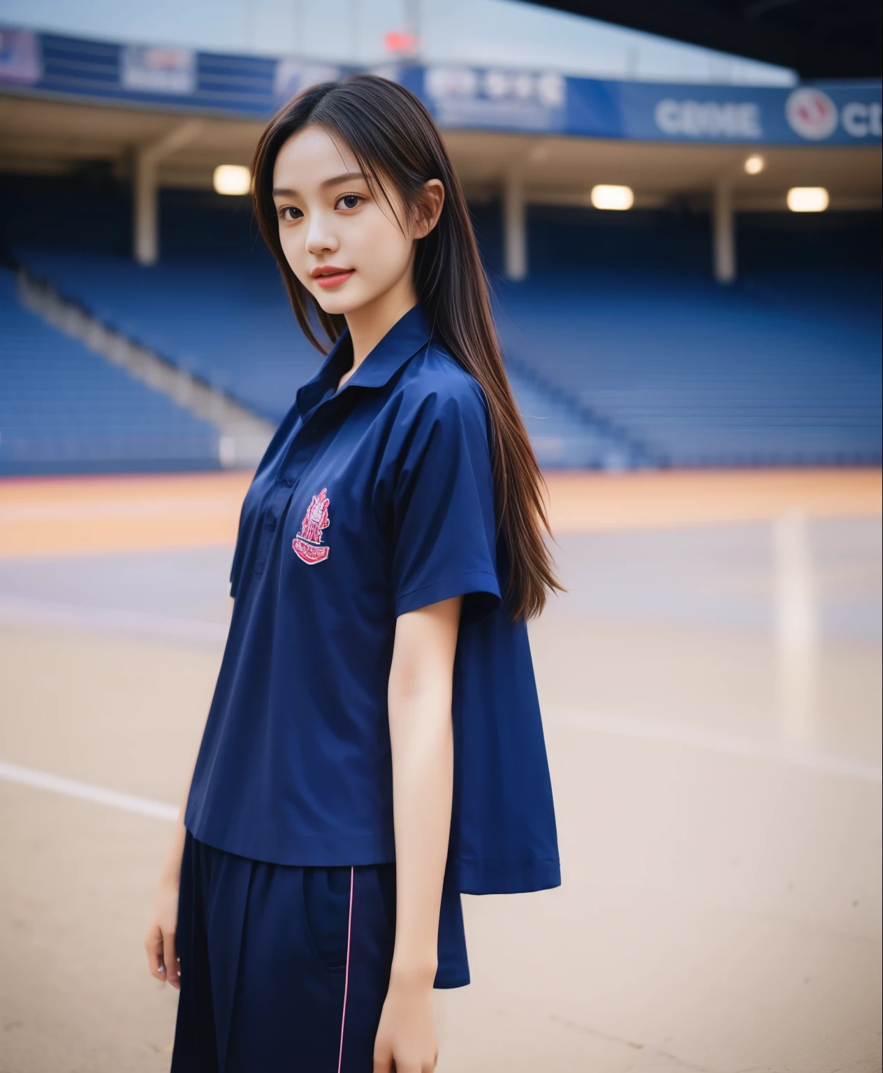 (best quality,10,10,height,Masterpiece:1.2),Special details,(realistic,ภาพrealistic,Realistic photos:1.37),1 cute girl on the football field,shiny, ผิวshiny,only,smile softly,BDclothelue shirt:1.3)),short sleeve,shirt, กางเกงขาlong.,(navy_long_track pants:1.1), ((stadium background:1.3)),Dynamic angle,excited,Face focus,dynamic poses,from behind,focus on ass,Masterpiece, best quality, ultra realistic, hyper-detail, 8K resolution, raw photos, Sharp focus, ((Navy blue shirt:1.1)), short sleeve, เส้นทางlong, perfect body, 2 mature women, 18 years old, Cinema-grade lighting system,blue sweatpants,shirtผ้าออกกำลังกาย,correct anatomy,perfect body, correct body, Sharp face, correct bodyทางกายวิภาค, full body, realistic gestures, long-haired, realistic poses,Wear long shorts................................,ช่วงขาlong,Good shape,carved girl, Slender figure, model, Good shape, beautiful body,blue sweatpants, two girls kissing