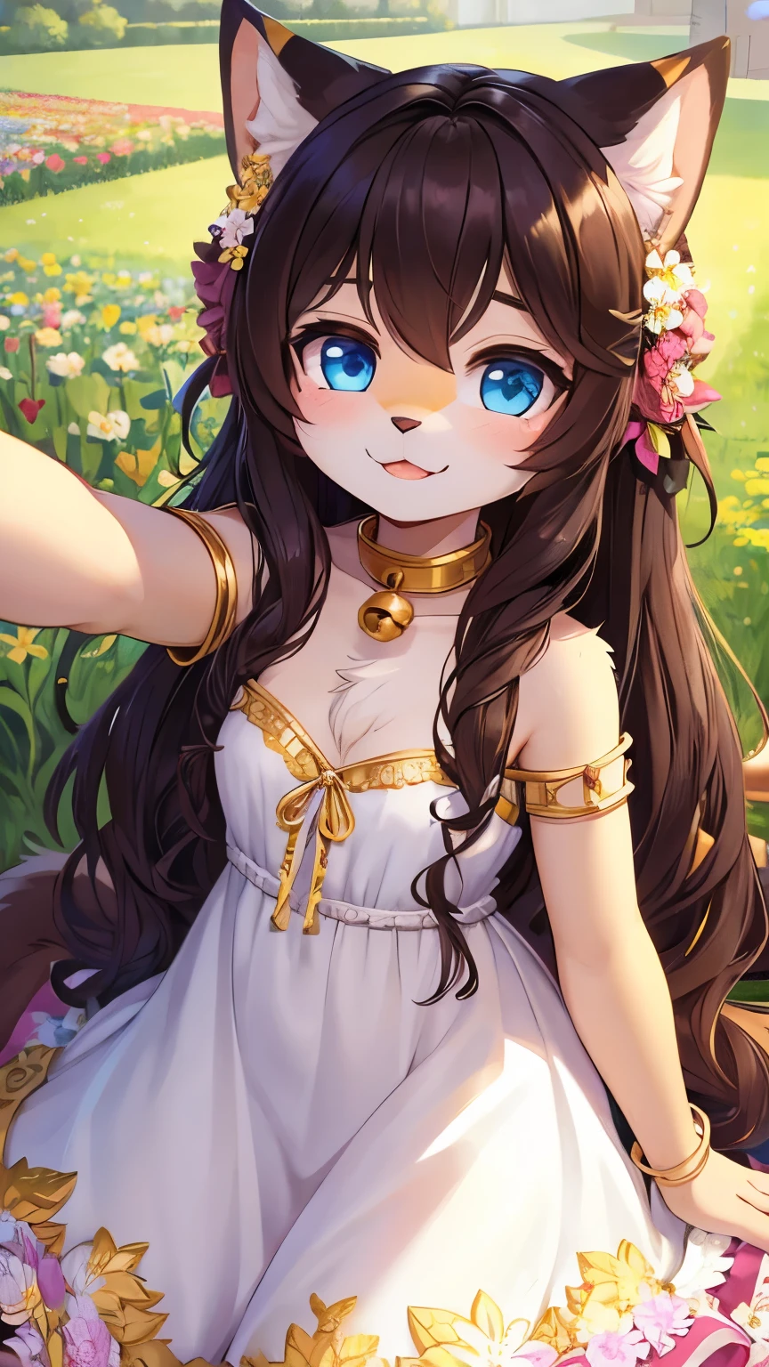 (fluffy anthro furry :1.6),(young :1.6),cat girl,small breasts,blue eyes,dark brown long hair,wavy hair,messy hair,gold body fur,gold canine ears,pubic fur,neck fur,flower hair ornament,small bell collar,white cute dress with ribbon decoration,floral bracelet,looking at viewer,upper body only,desire face,smile,heart eyes,heart eyeblow,huge flower garden,heavy breath,selfie