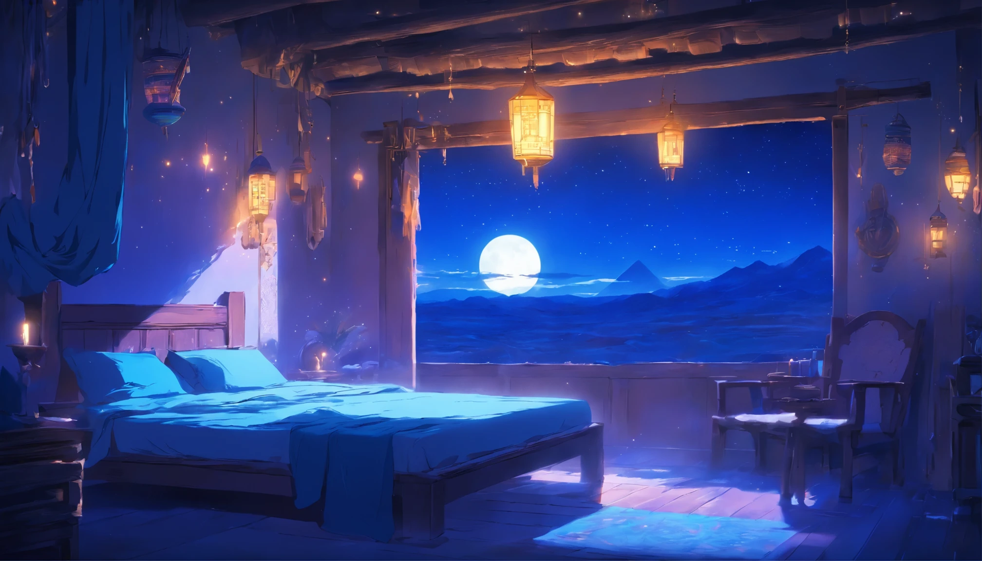 Inside the private bedroom on the second floor of Desert Inn,There is a window with moonlight shining through,night,Egypt,Ancient,Narrow,Shabby,blue tint,very small room,There is a bed
