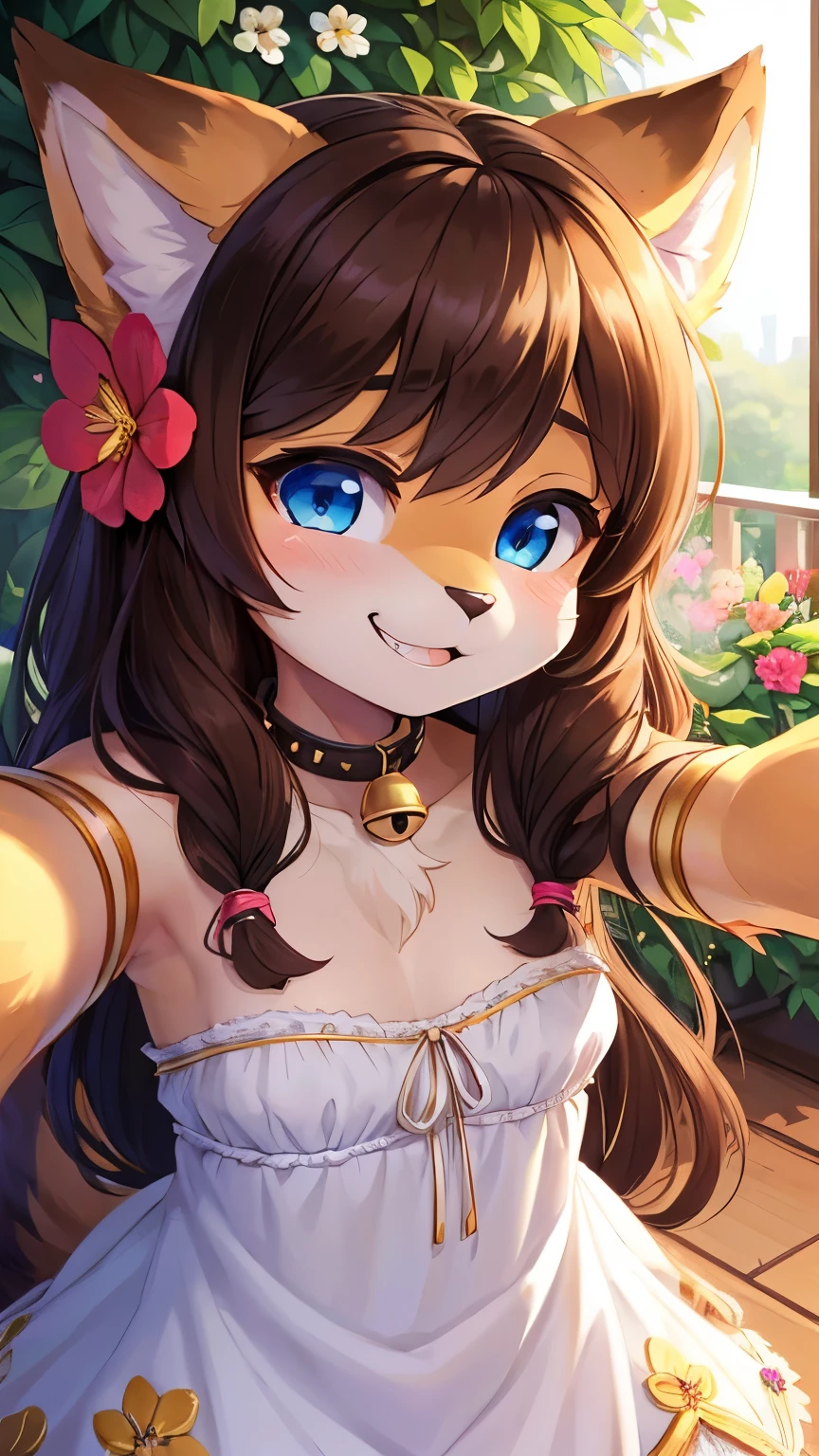 (fluffy anthro furry :1.6),(young :1.6),cat girl,small breasts,blue eyes,dark brown long hair,wavy hair,messy hair,gold body fur,gold canine ears,pubic fur,neck fur,flower hair ornament,small bell collar,white cute dress with ribbon decoration,floral bracelet,looking at viewer,upper body only,desire face,smile,grin,heart eyes,heart eyeblow,huge flower garden,heavy breath,selfie,clpse up