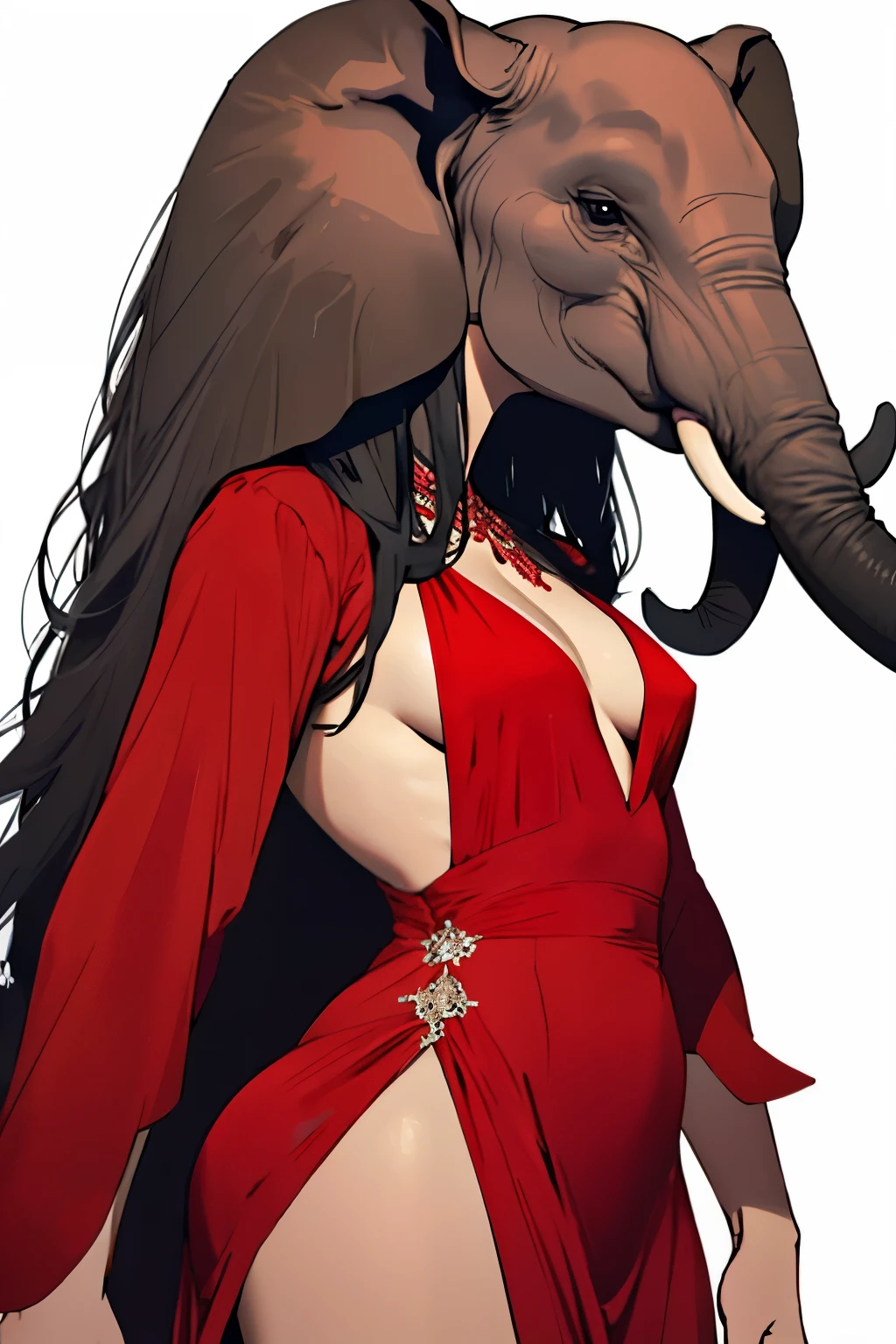 an elephant, a woman, sexy, attractive, long hair, red dress, white background