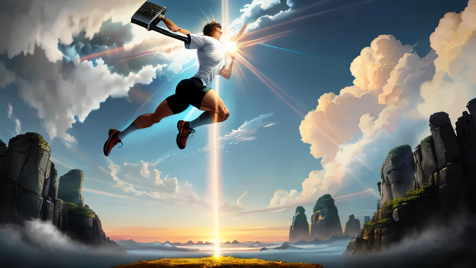 difficult obstacle, symbolizing the challenges one must overcome in life. This person is depicted as strong and determined, with a resilient expression on their face. Their body language exudes confidence and perseverance.
The person is dressed in athletic attire, wearing a shirt with the logo of a marathon, representing the endurance and stamina required to overcome obstacles. They are shown in mid-action, leaping over the obstacle with grace and agility, emphasizing the theme of resilience in the face of adversity.
The image is rendered in high definition, with vivid colors and intricate details that bring the scene to life. The lighting is dynamic, with rays of sunlight breaking through the clouds, symbolizing hope and brighter days ahead.
Surrounding the central image, there are smaller illustrations