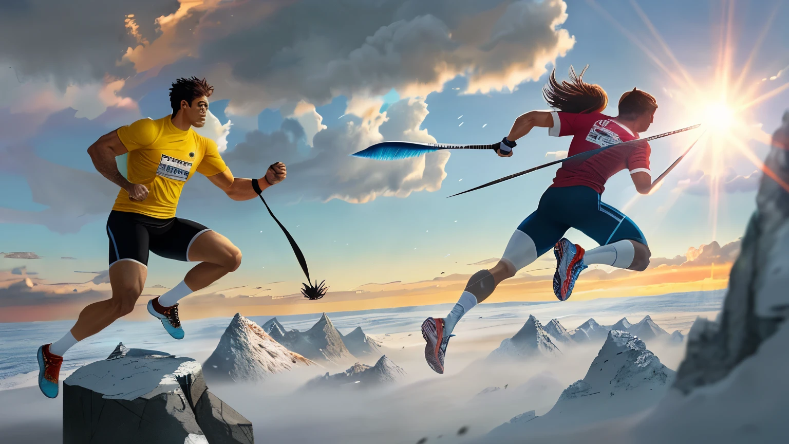 difficult obstacle, symbolizing the challenges one must overcome in life. This person is depicted as strong and determined, with a resilient expression on their face. Their body language exudes confidence and perseverance.

The person is dressed in athletic attire, wearing a shirt with the logo of a marathon, representing the endurance and stamina required to overcome obstacles. They are shown in mid-action, leaping over the obstacle with grace and agility, emphasizing the theme of resilience in the face of adversity.

The image is rendered in high definition, with vivid colors and intricate details that bring the scene to life. The lighting is dynamic, with rays of sunlight breaking through the clouds, symbolizing hope and brighter days ahead.

Surrounding the central image, there are smaller illustrations
